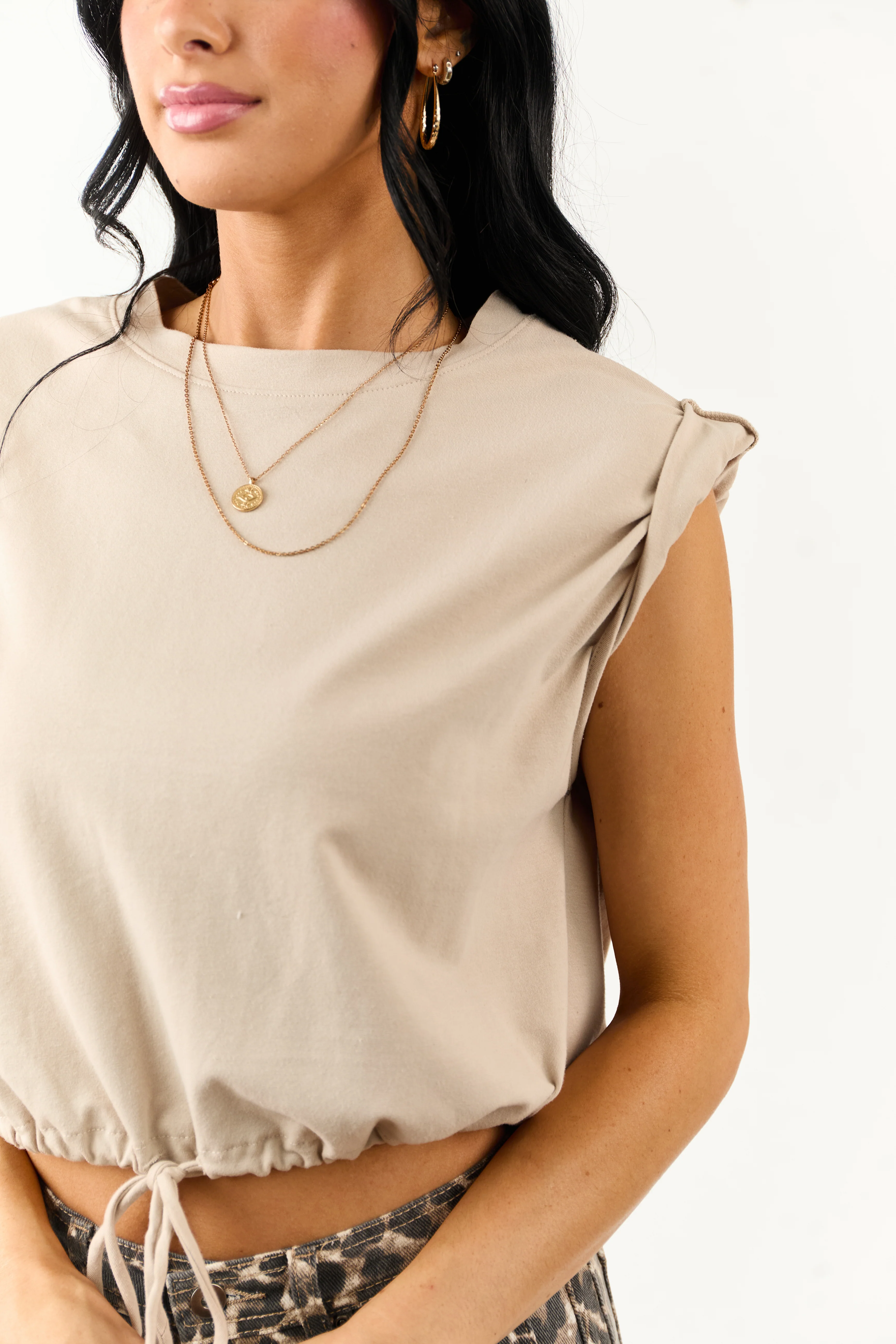 Oatmeal Rolled Sleeve Drawstring Hem Top - Image 6