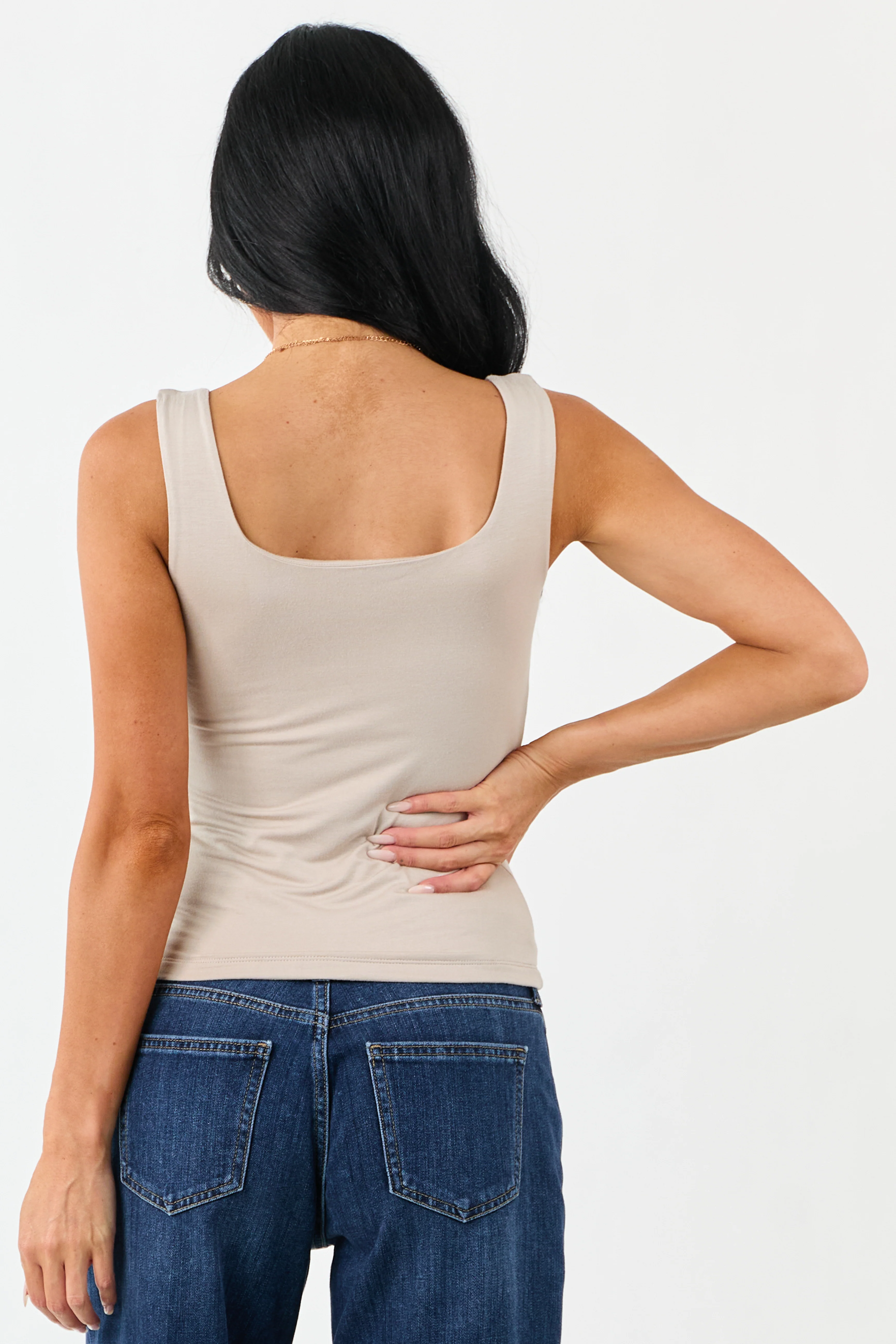 Oatmeal Square Neck Double Layer Knit Tank Top - Image 5