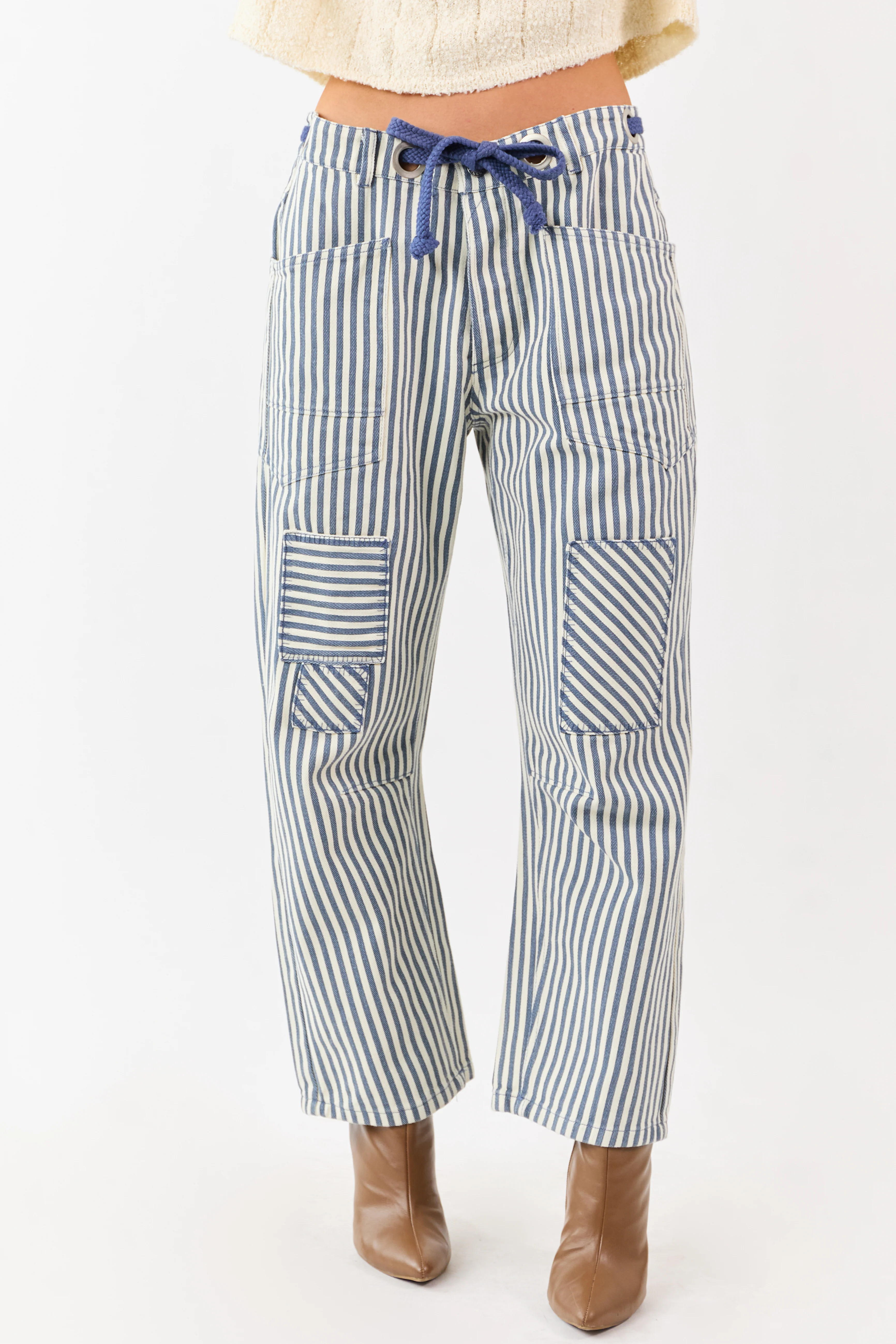 Ocean Striped Waist Tie Wide Patchwork Twill Pants - Image 2
