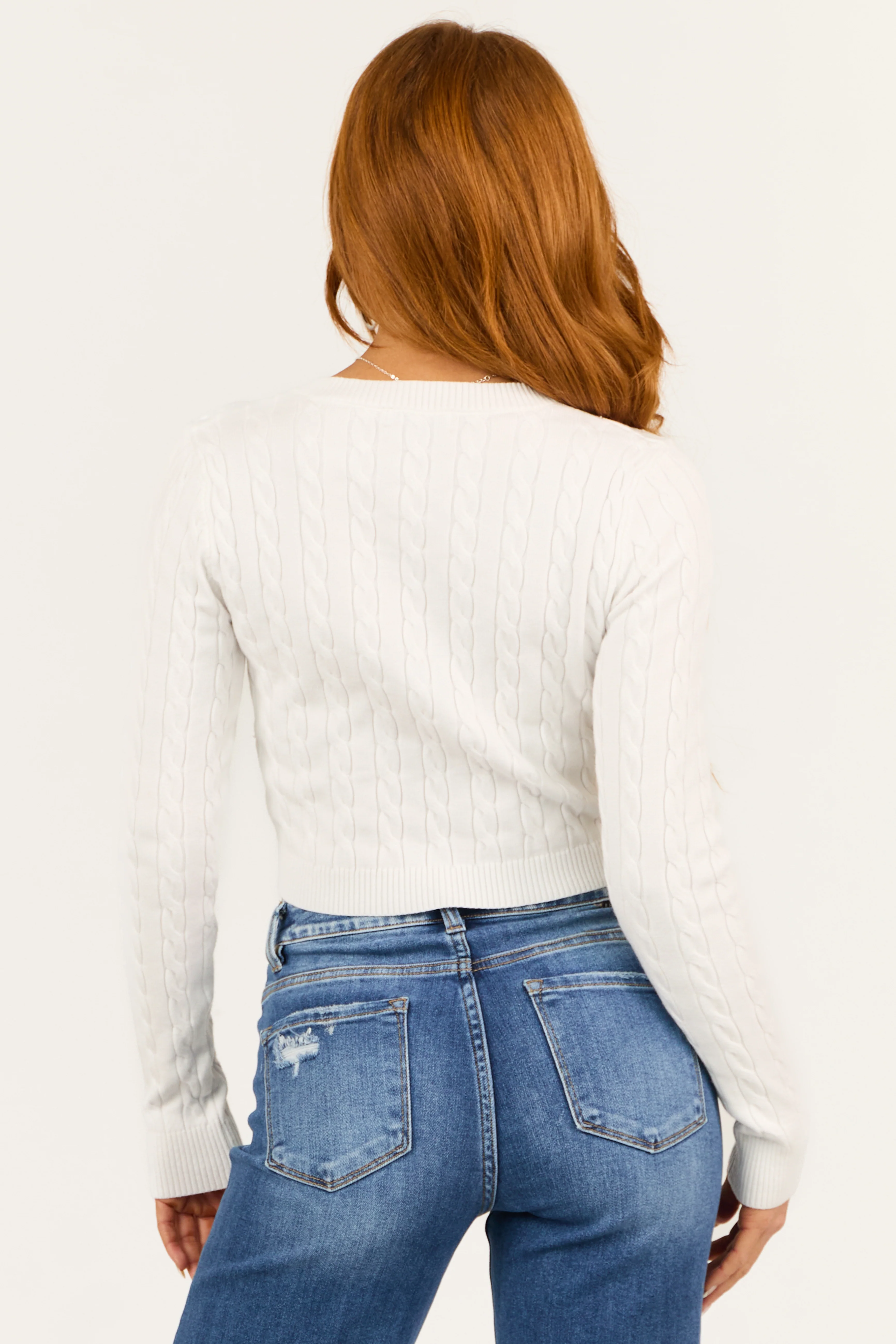 Off White Cable Knit Cropped V Neck Sweater - Image 5