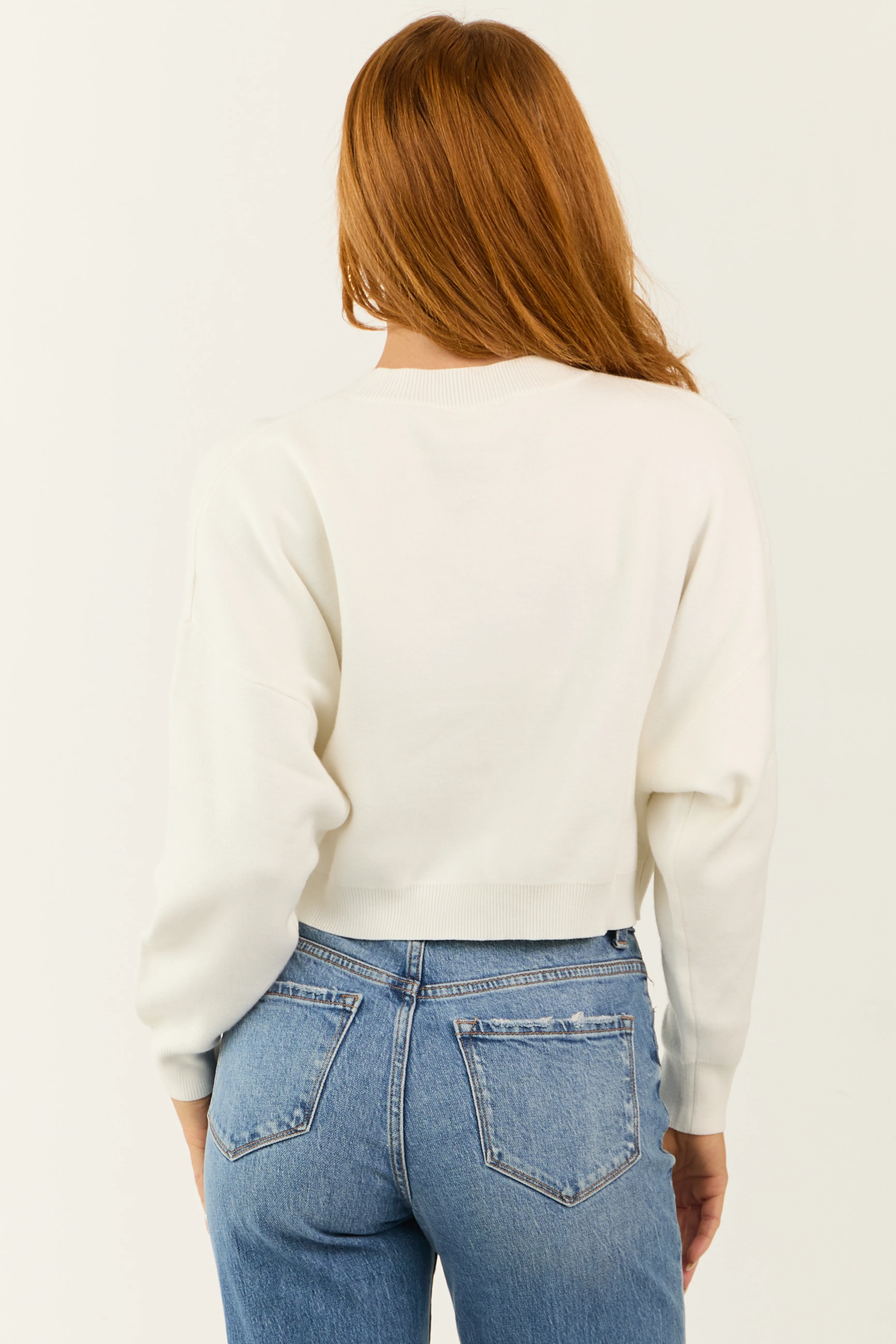 Off White Christmas Embroidery Cropped Fleece Sweater - Image 6