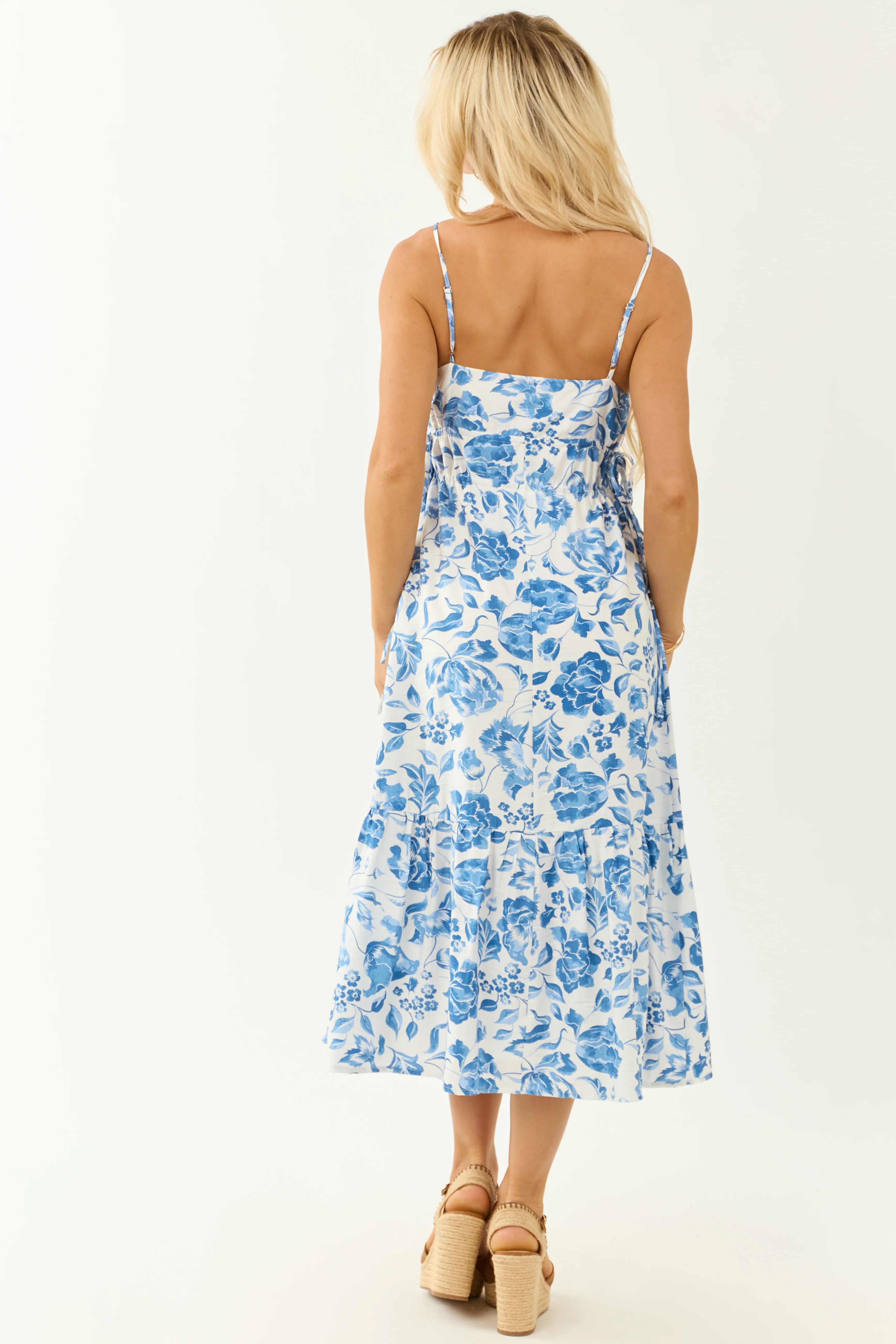 Off White and Cobalt Floral Print Midi Dress - Image 5