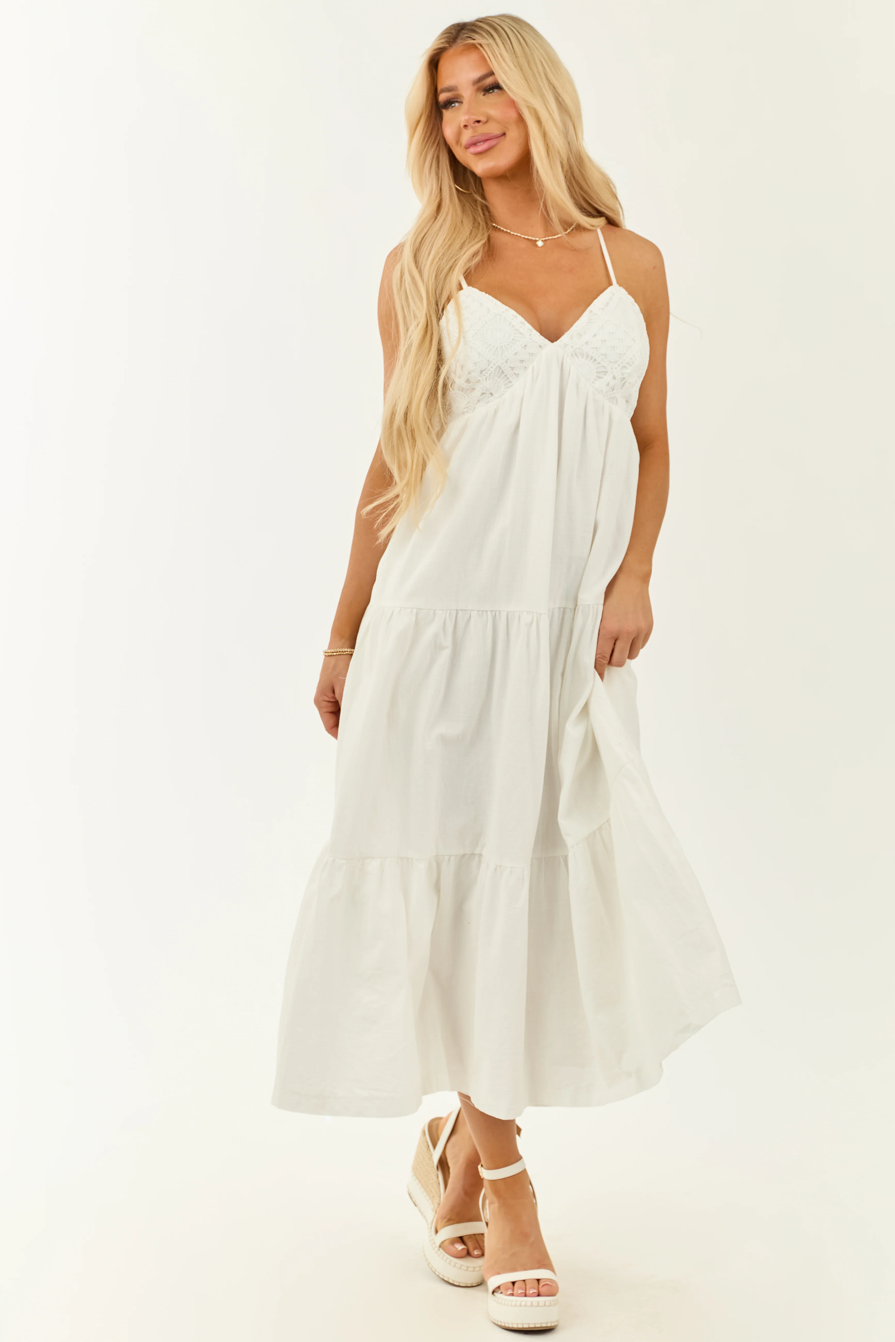 Off White Crochet Bust Sleeveless V Neck Maxi Dress - Image 5