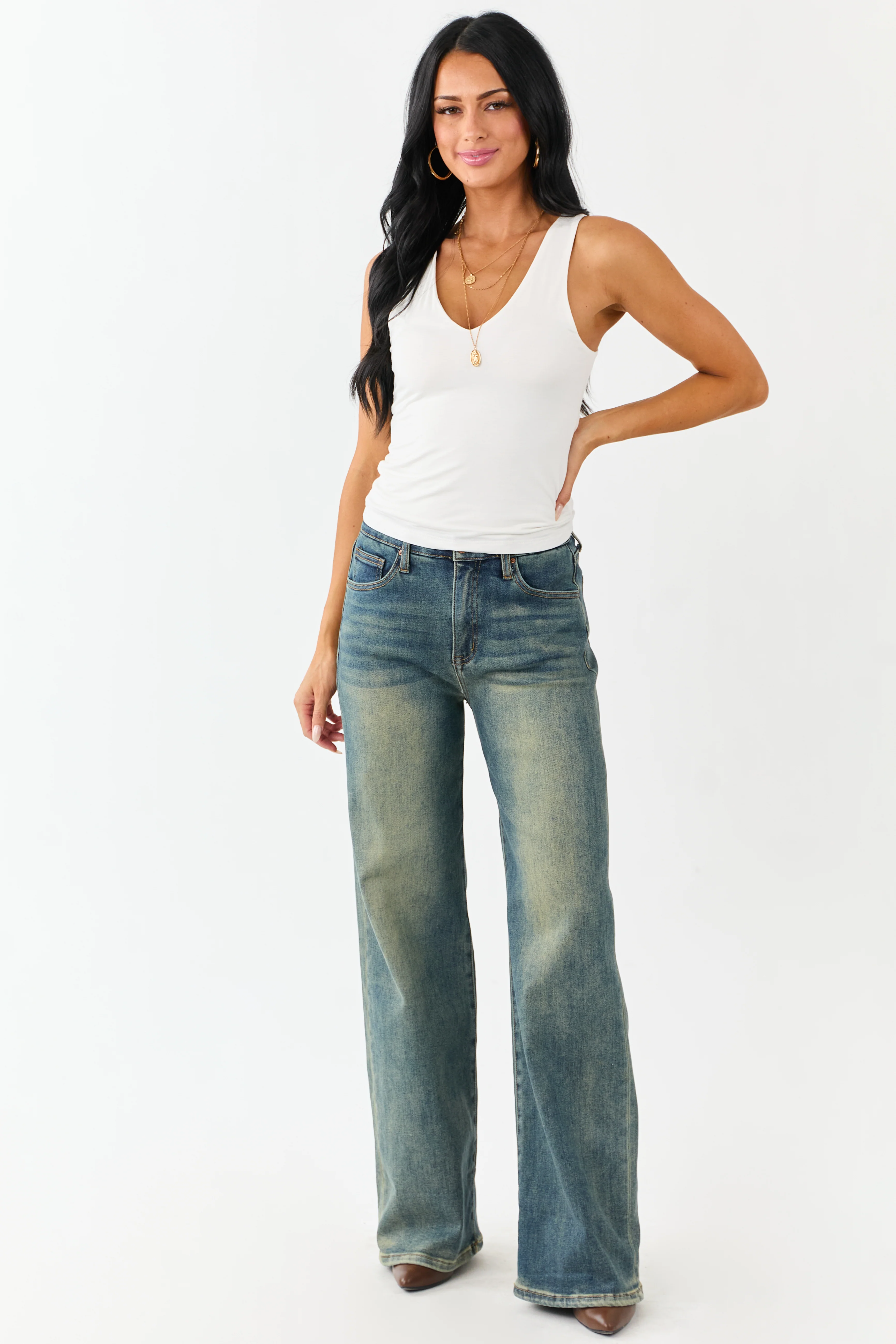 Off White Double Layer Knit V-Neck Tank Top - Image 3