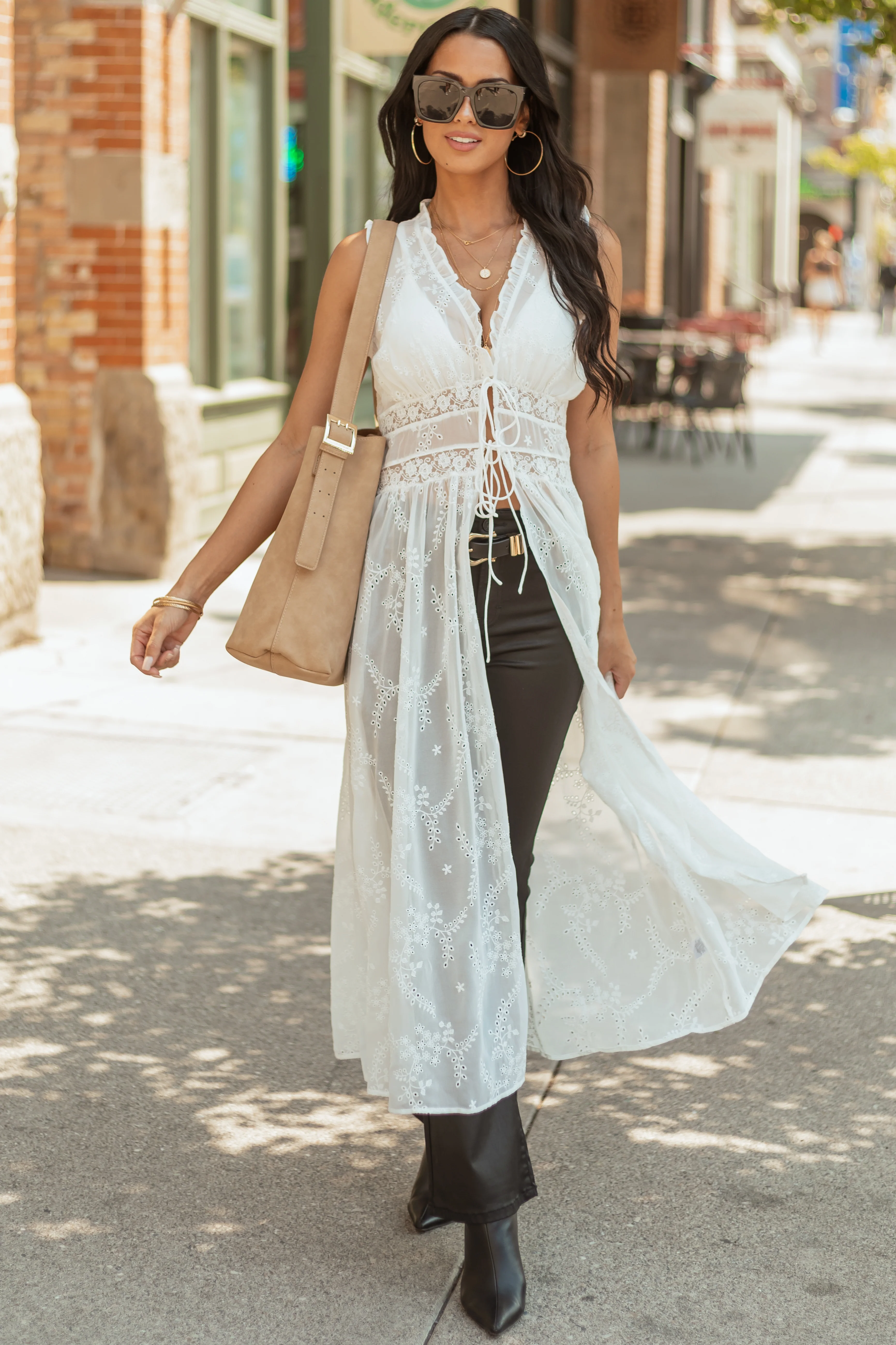 Off White Embroidered Eyelet Lace Duster Vest - Image 2