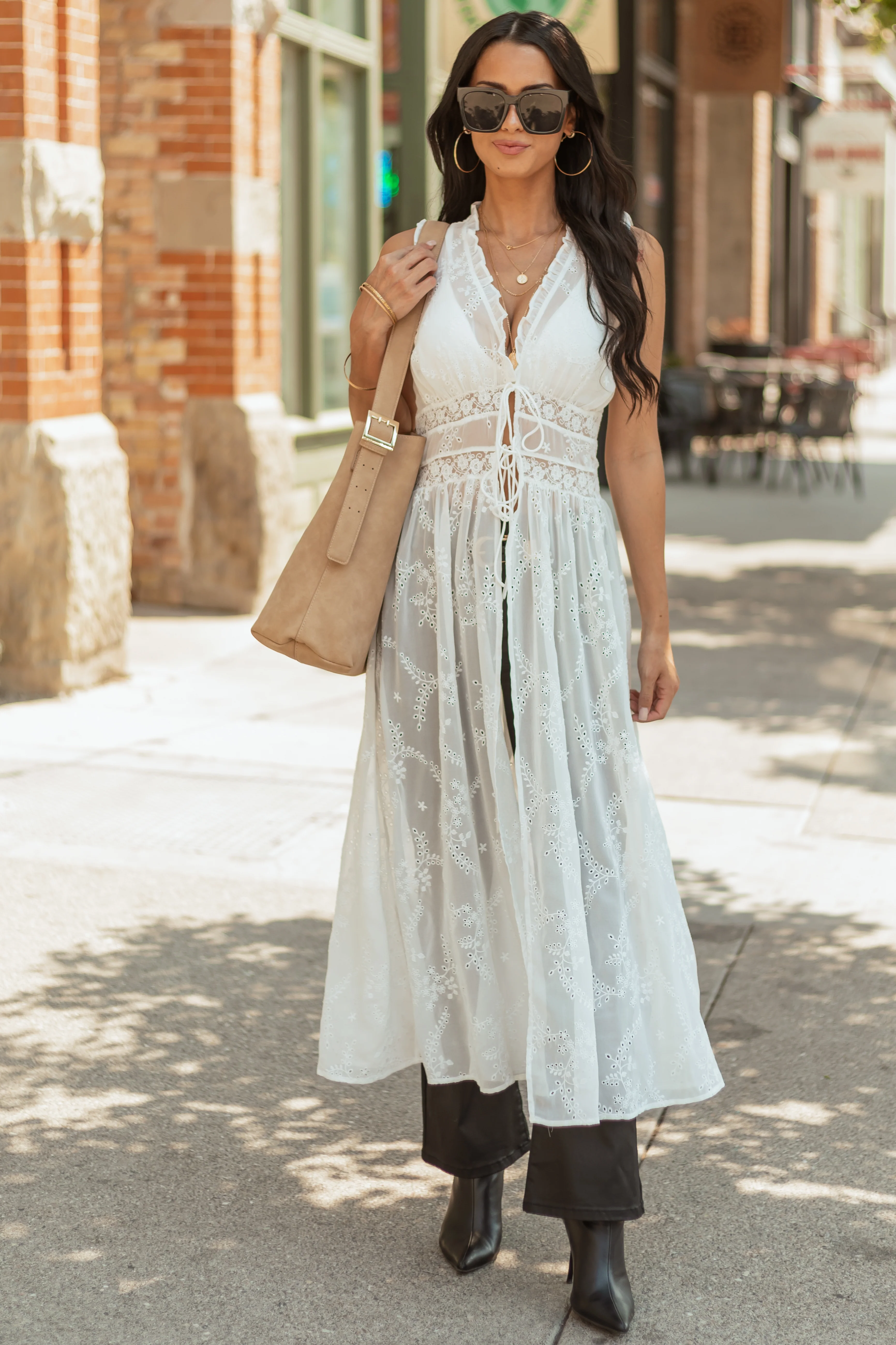 Off White Embroidered Eyelet Lace Duster Vest - Image 4