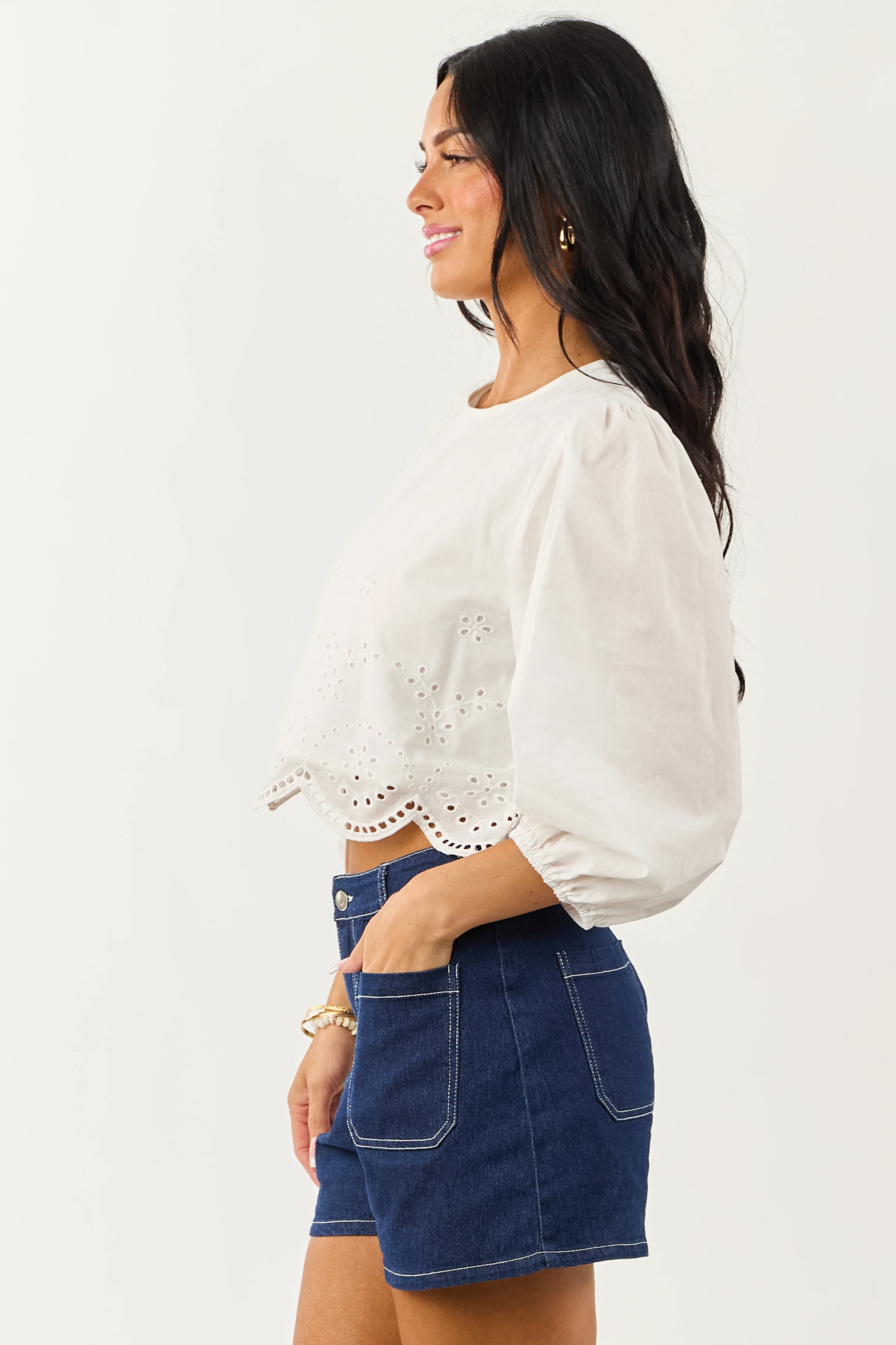 Off White Eyelet Long Sleeve Cotton Crop Top - Image 4