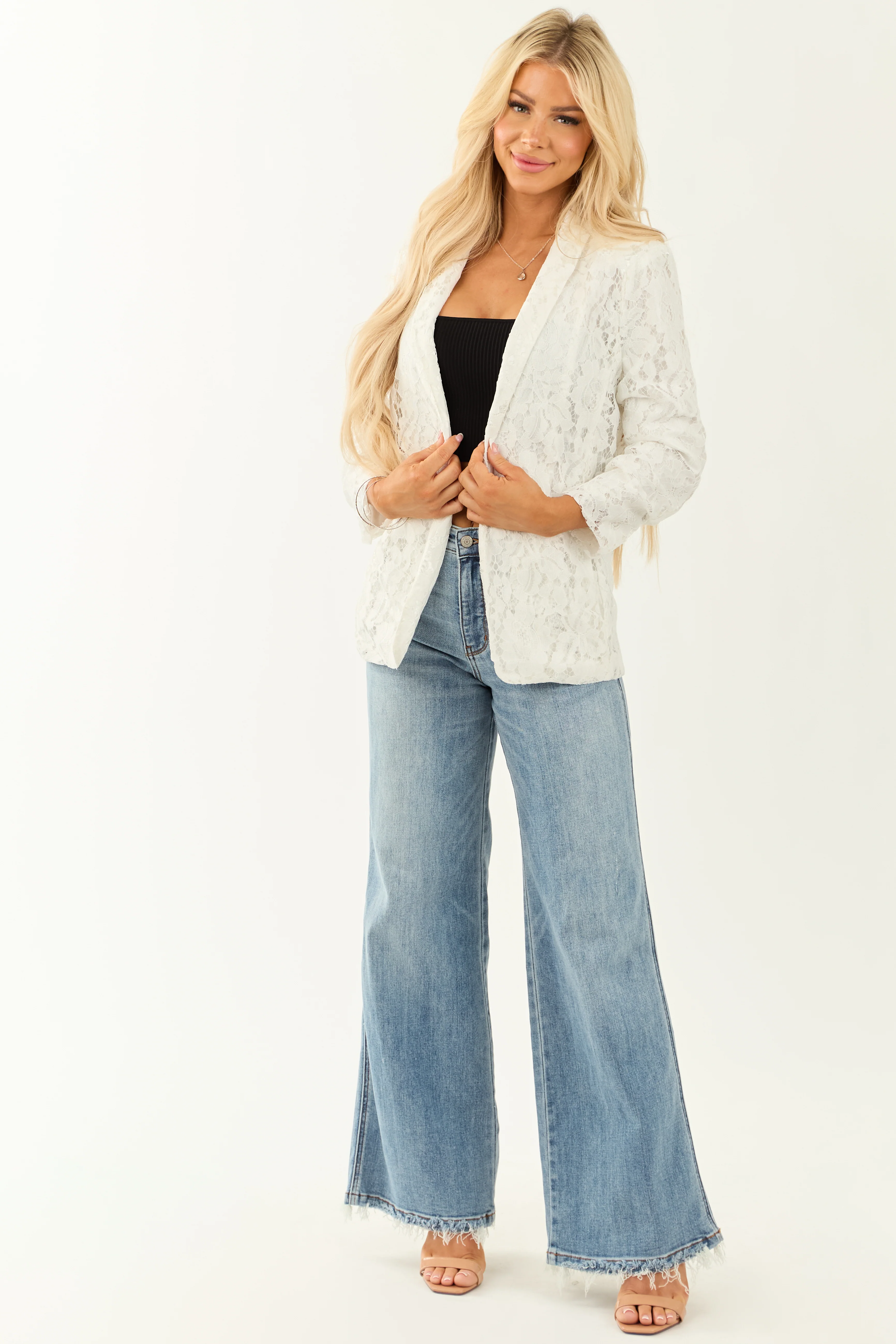 Off White Floral Lace Fitted Blazer - Image 2