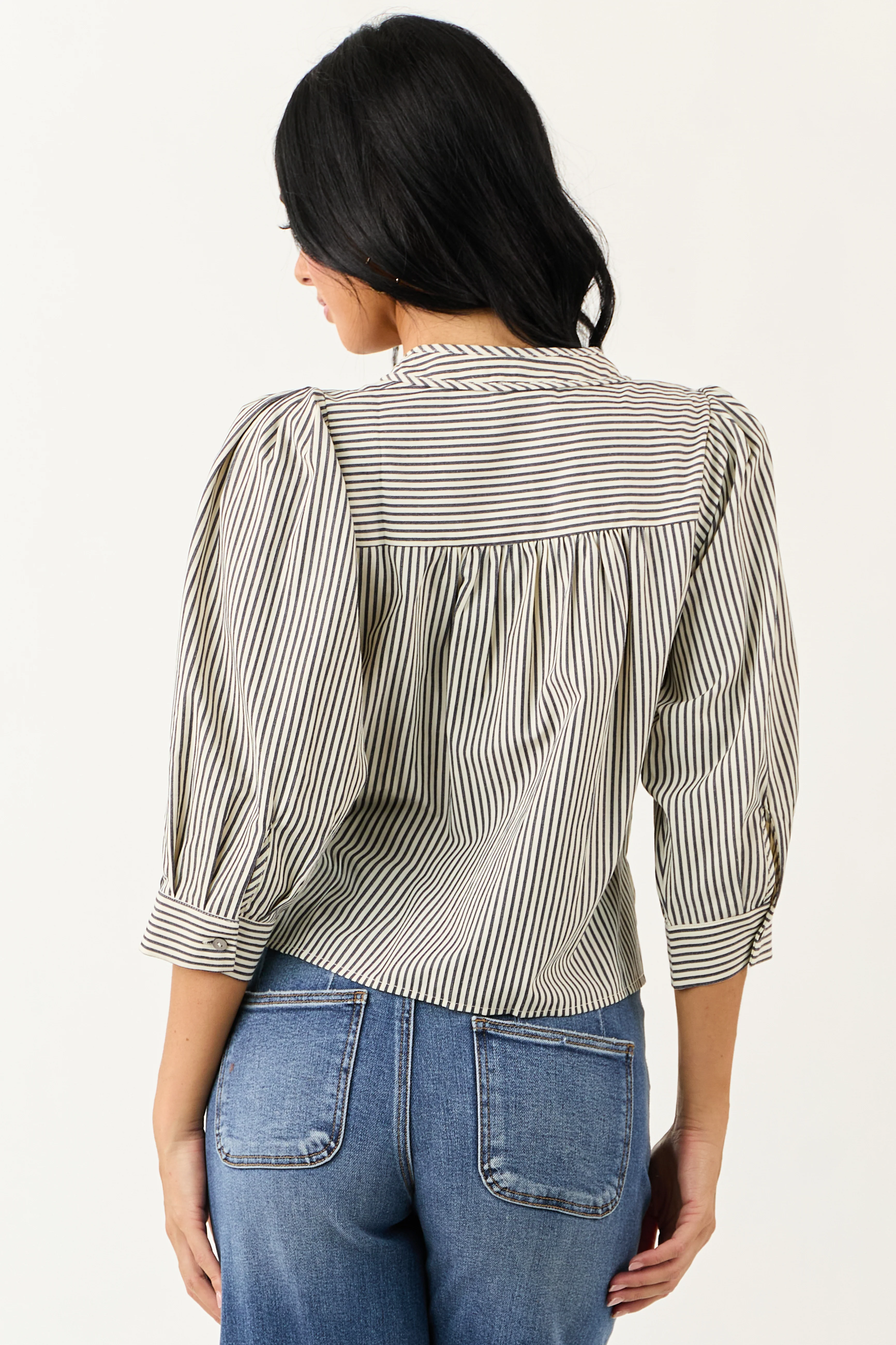 Off White Railroad Stripe V Neck Half Sleeve Top - Image 5