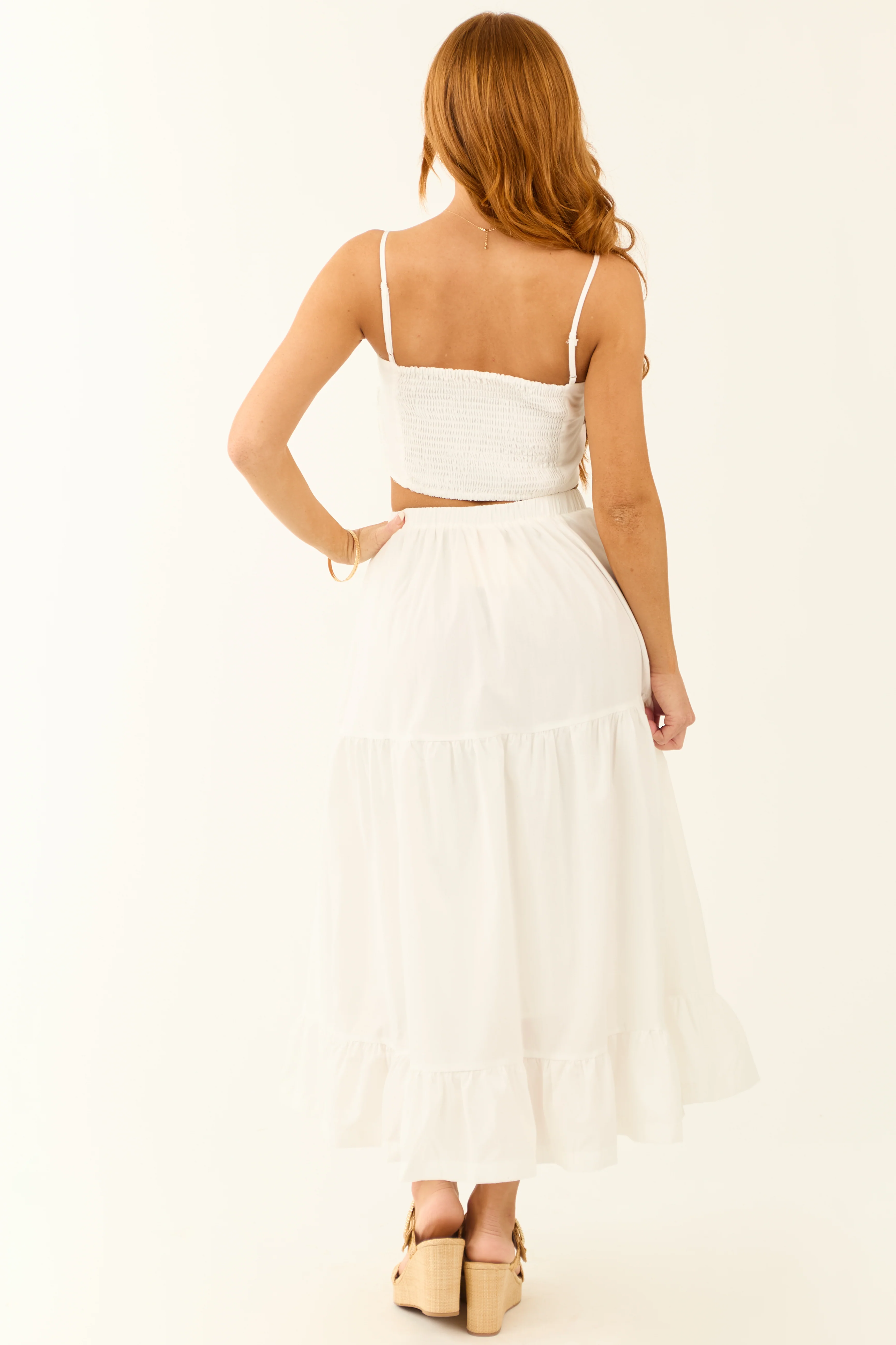 Off White Ruched Crop Top and Maxi Skirt Set - Image 6