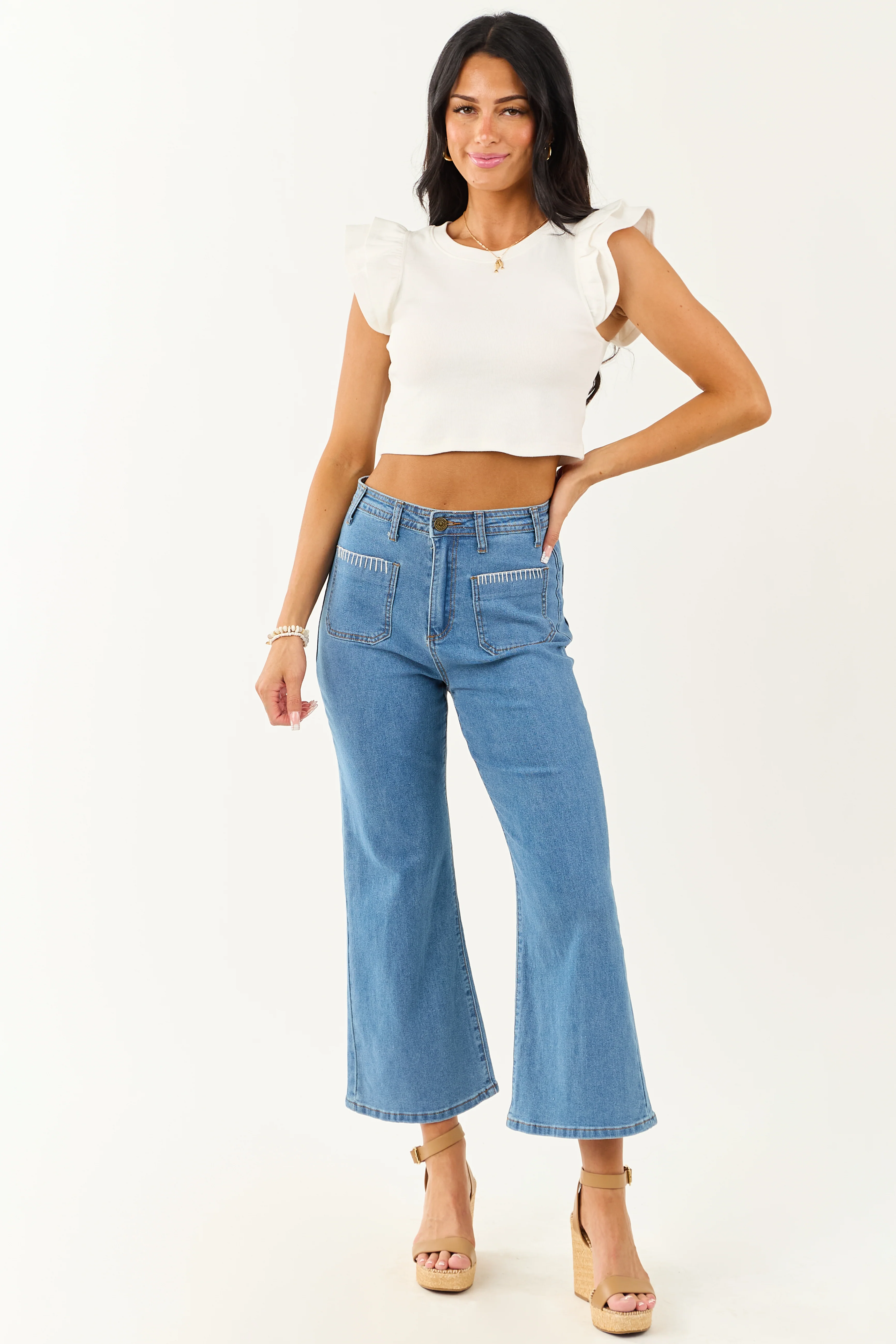 Off White Short Ruffle Sleeve Ribbed Knit Top - Image 2