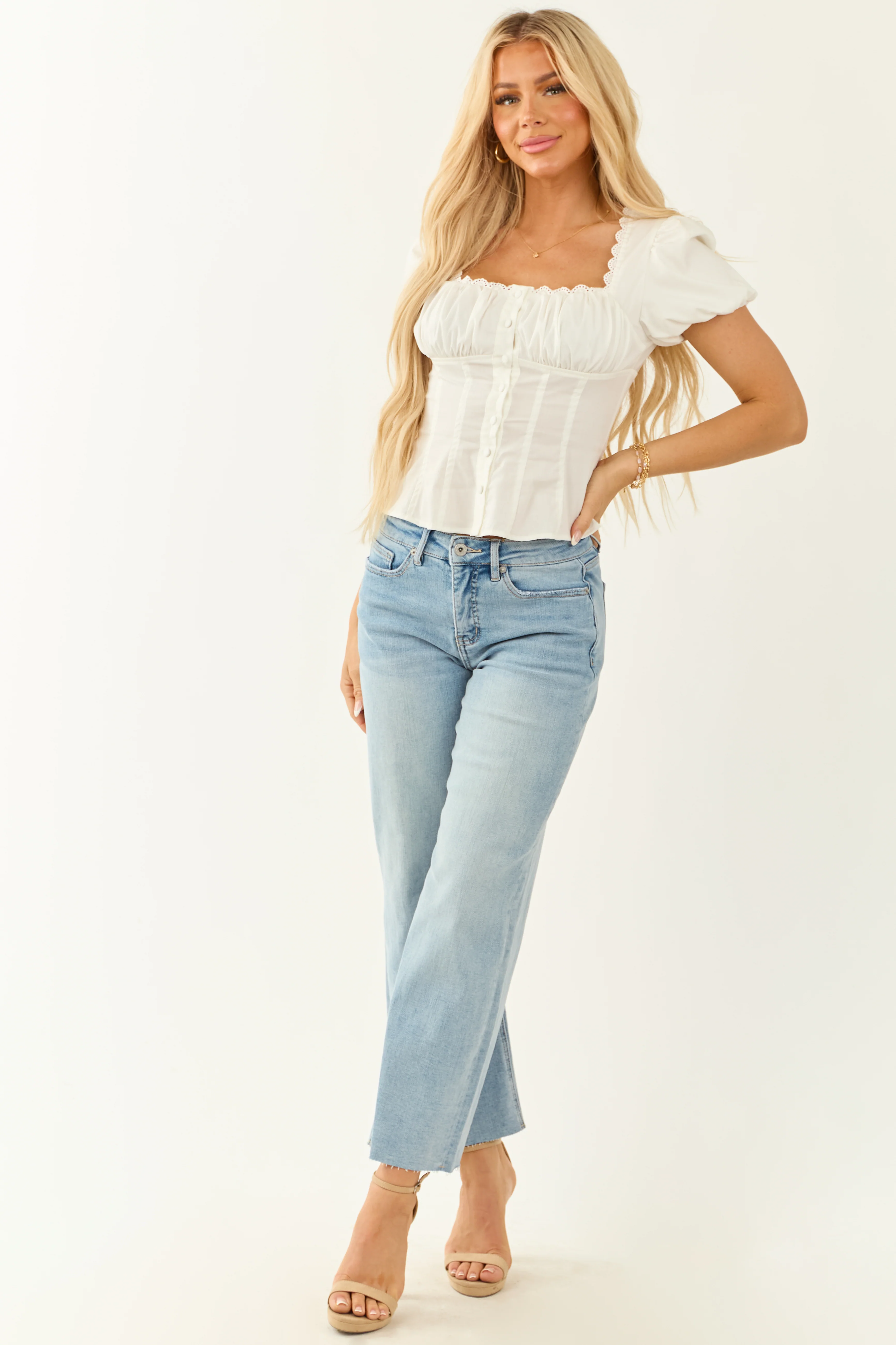 Off White Square Neck Button Down Short Sleeve Top - Image 2