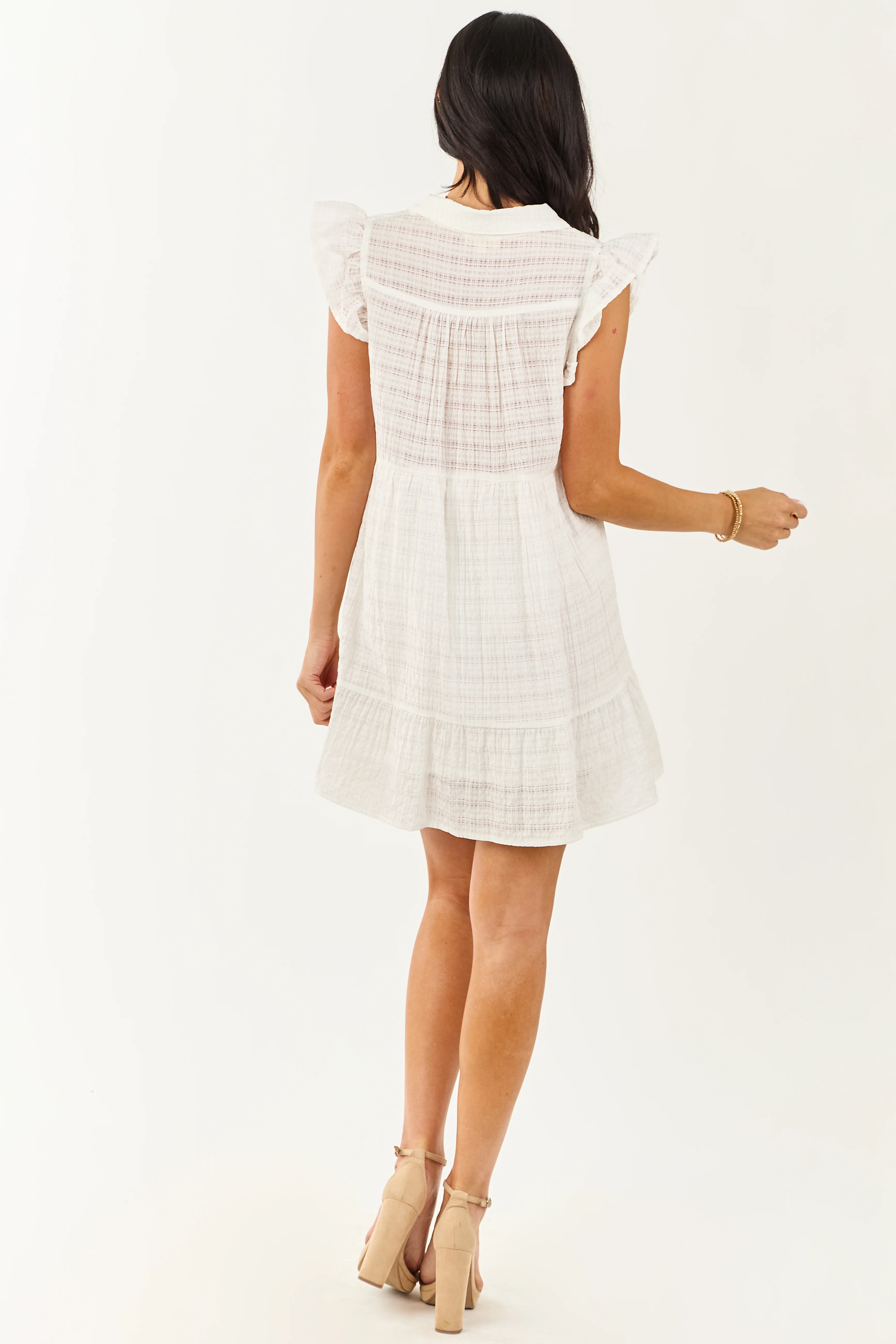 Off White Textured V Neck Cap Sleeve Mini Dress - Image 7