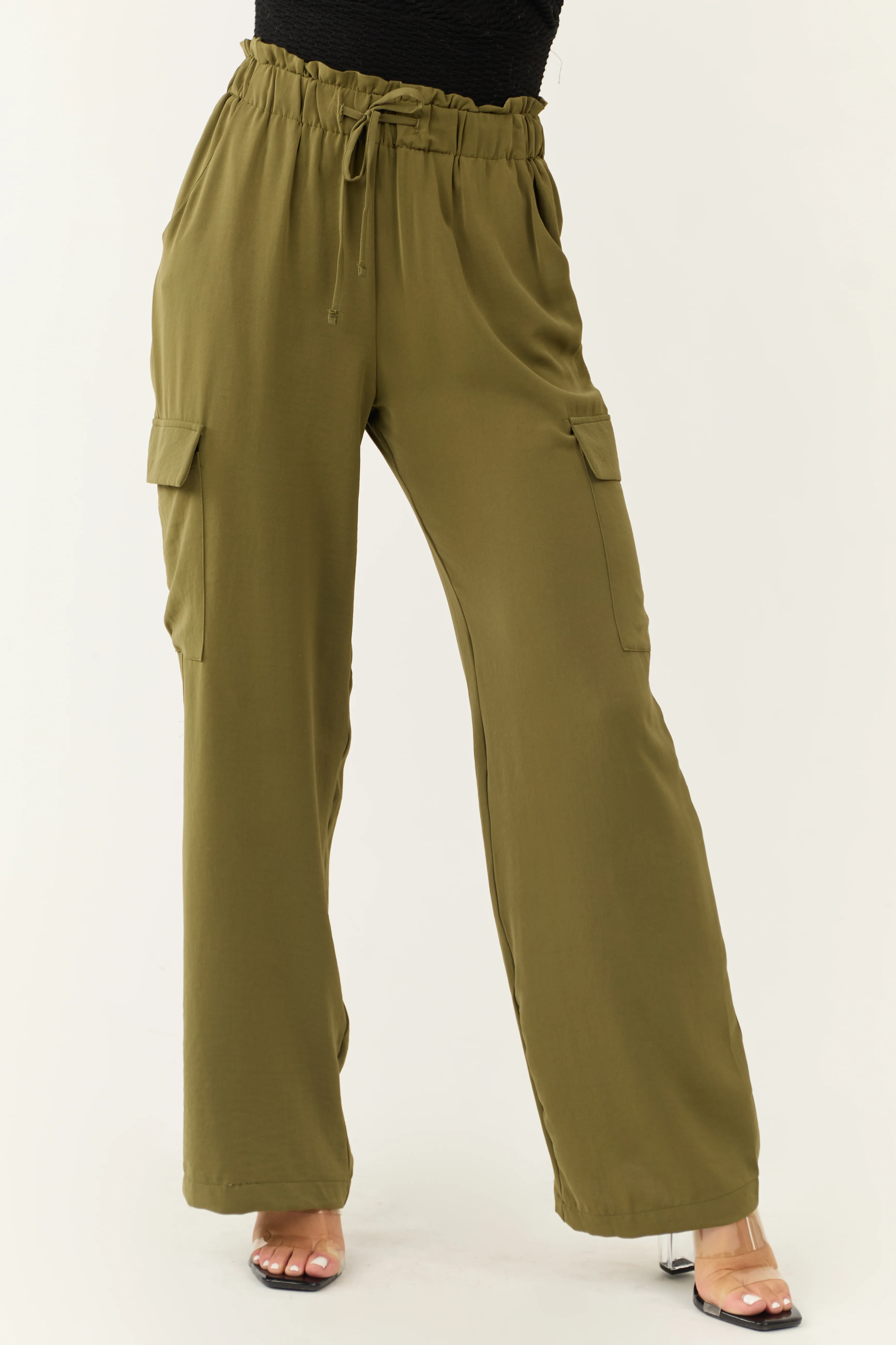 Olive Elastic Paperbag Waist Drawstring Cargo Pants - Image 2