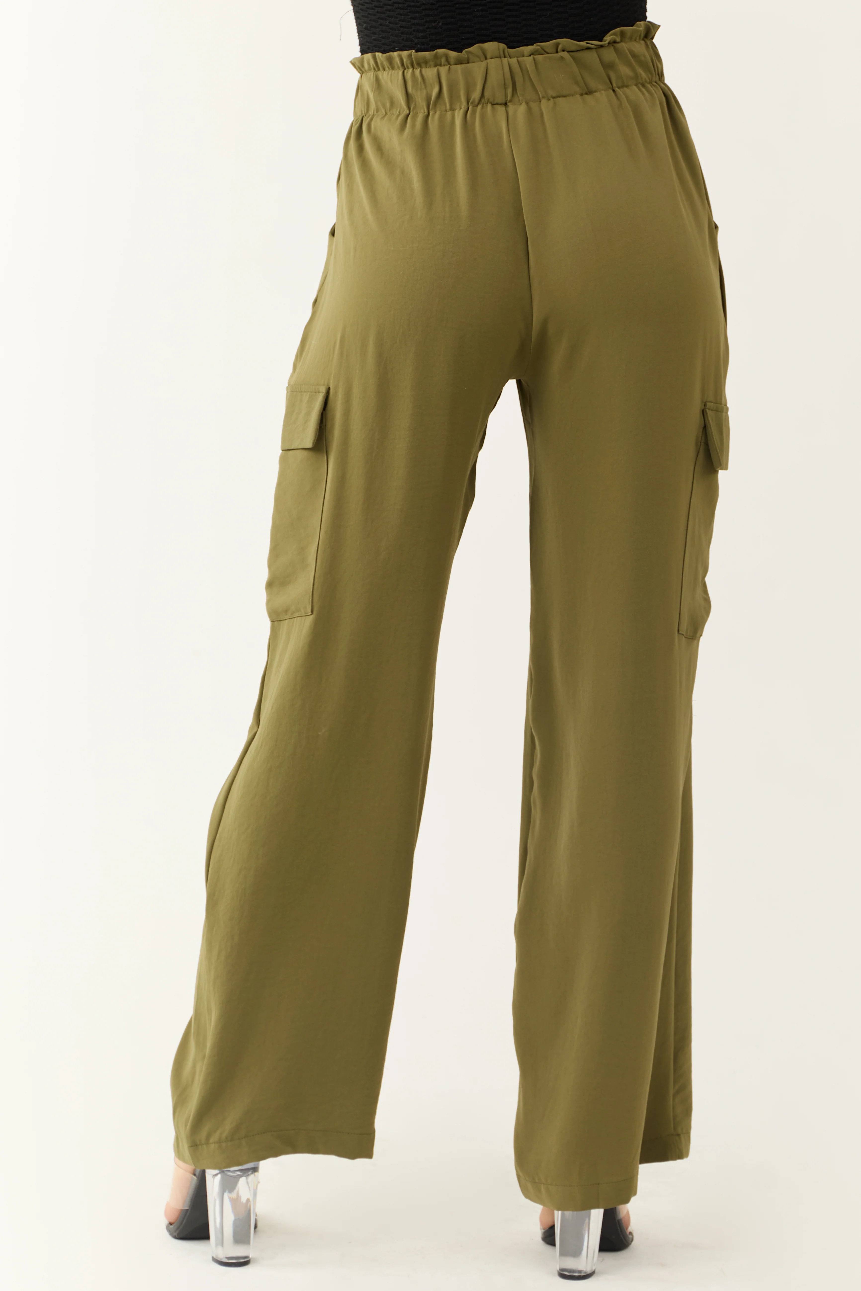 Olive Elastic Paperbag Waist Drawstring Cargo Pants - Image 4