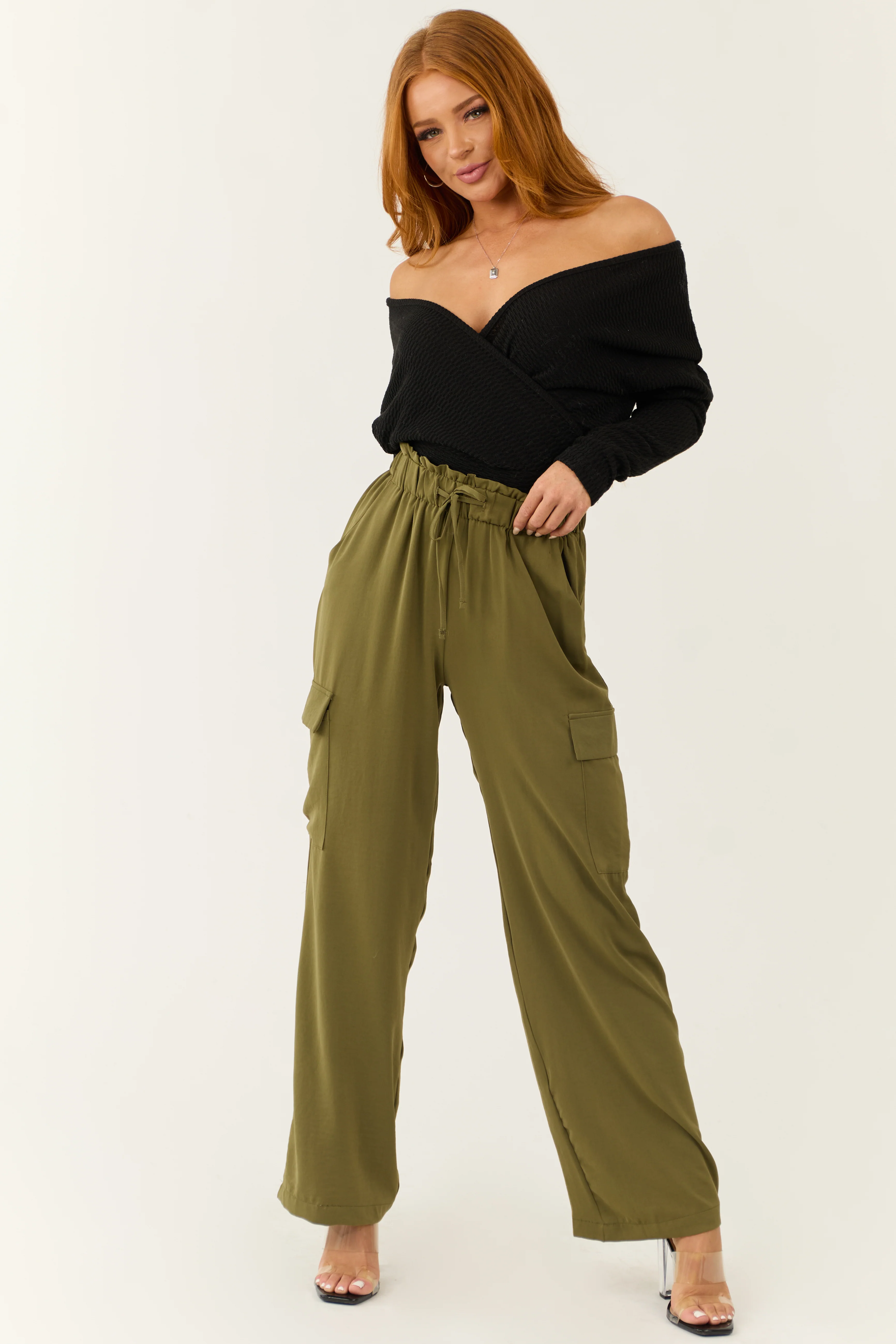 Olive Elastic Paperbag Waist Drawstring Cargo Pants - Image 5