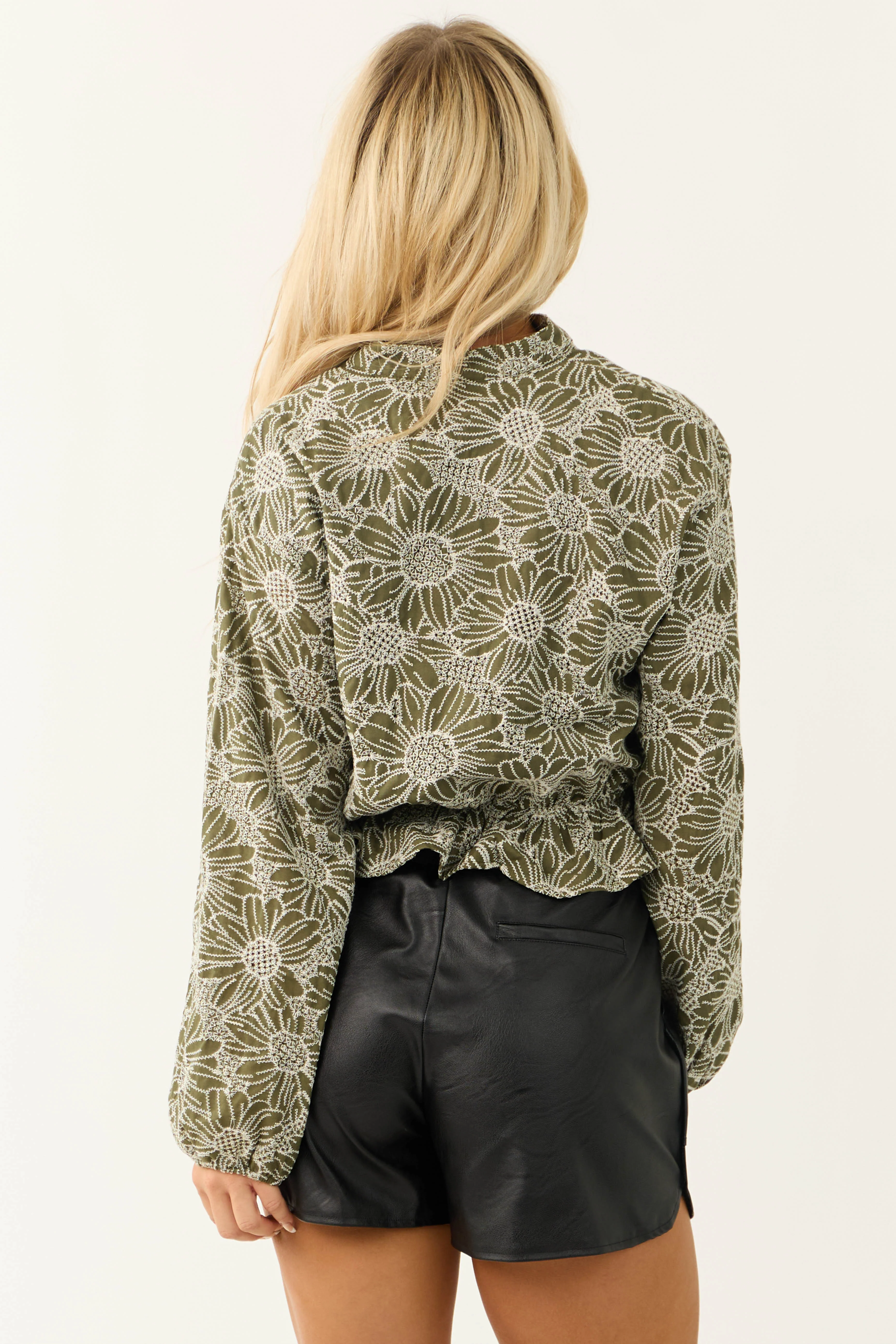 Olive Floral Embroidered Long Sleeve Blouse - Image 6