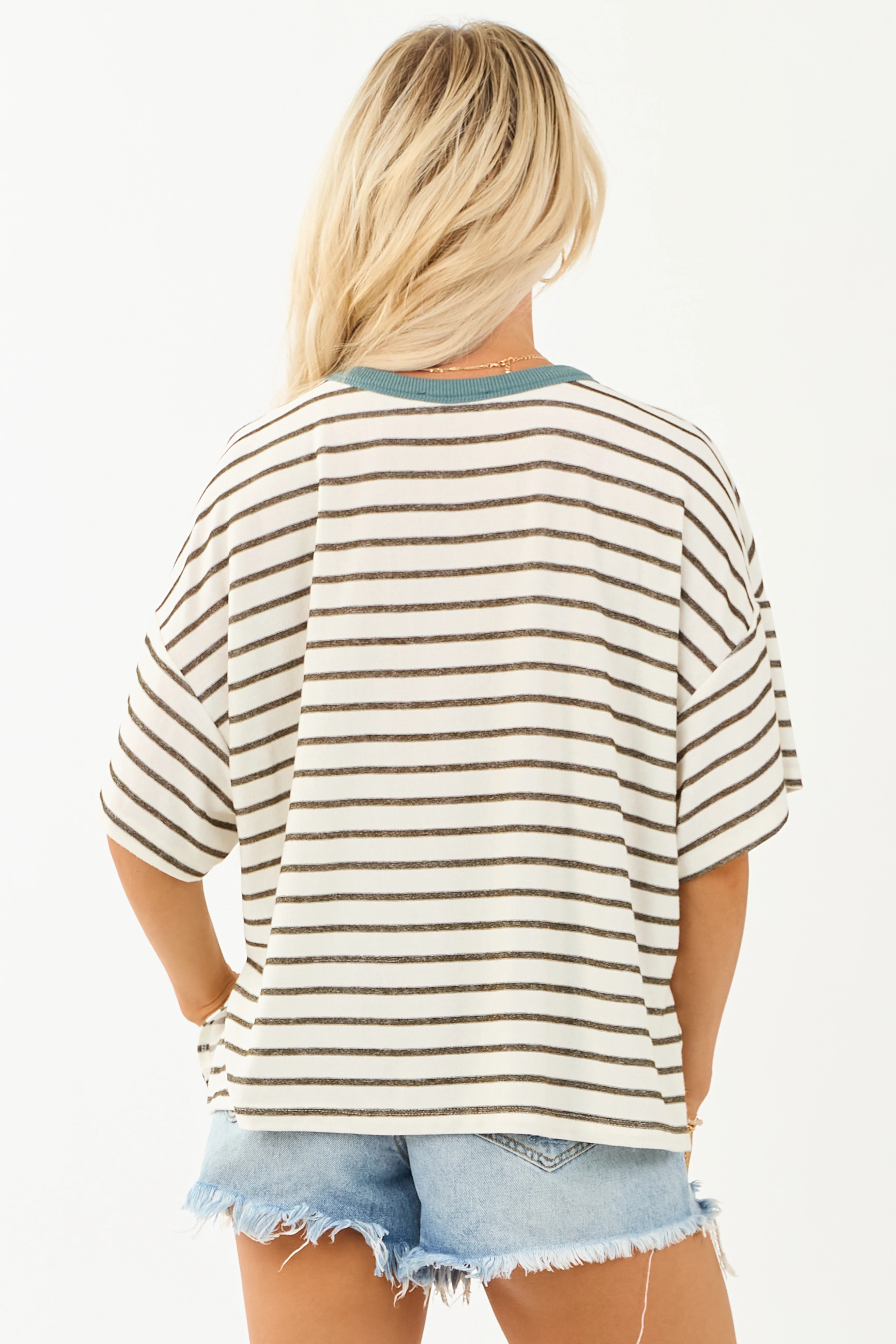 Olive and Ivory Striped Knit Half Sleeve Relaxed Top - Image 5