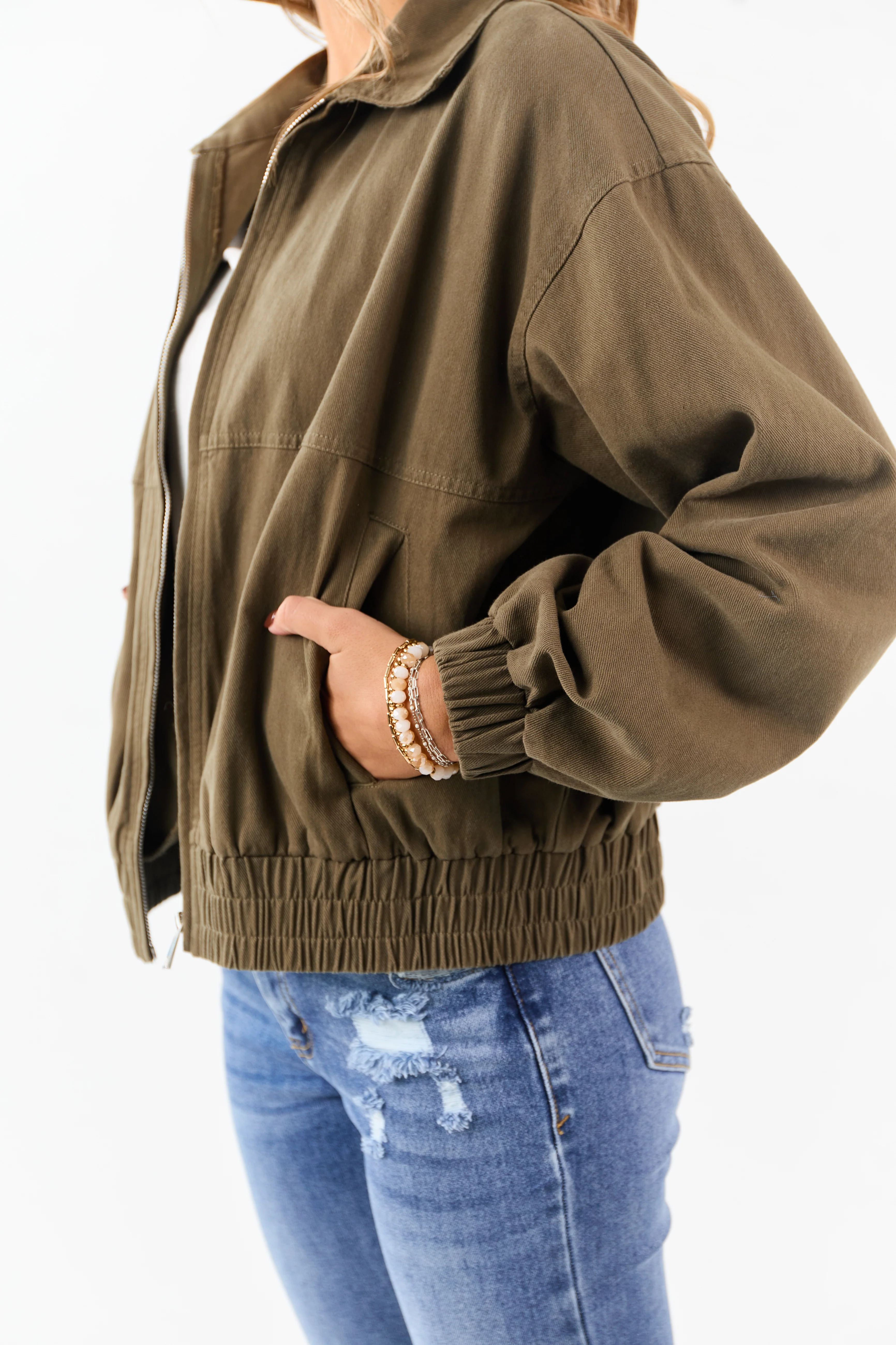 Olive Twill Collared Elastic Hem Zip Up Jacket - Image 6
