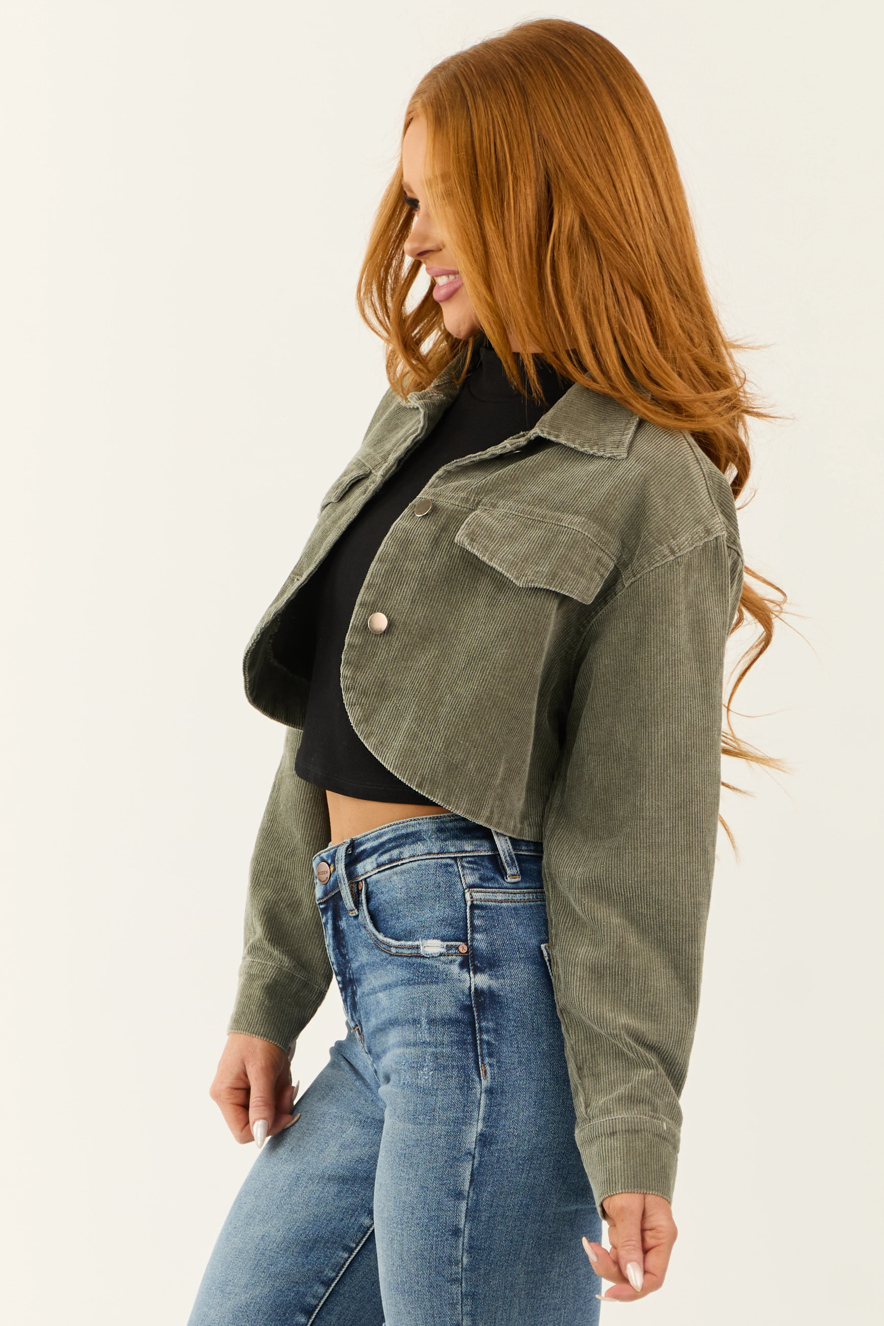 Olive Washed Corduroy Button Down Crop Jacket - Image 5