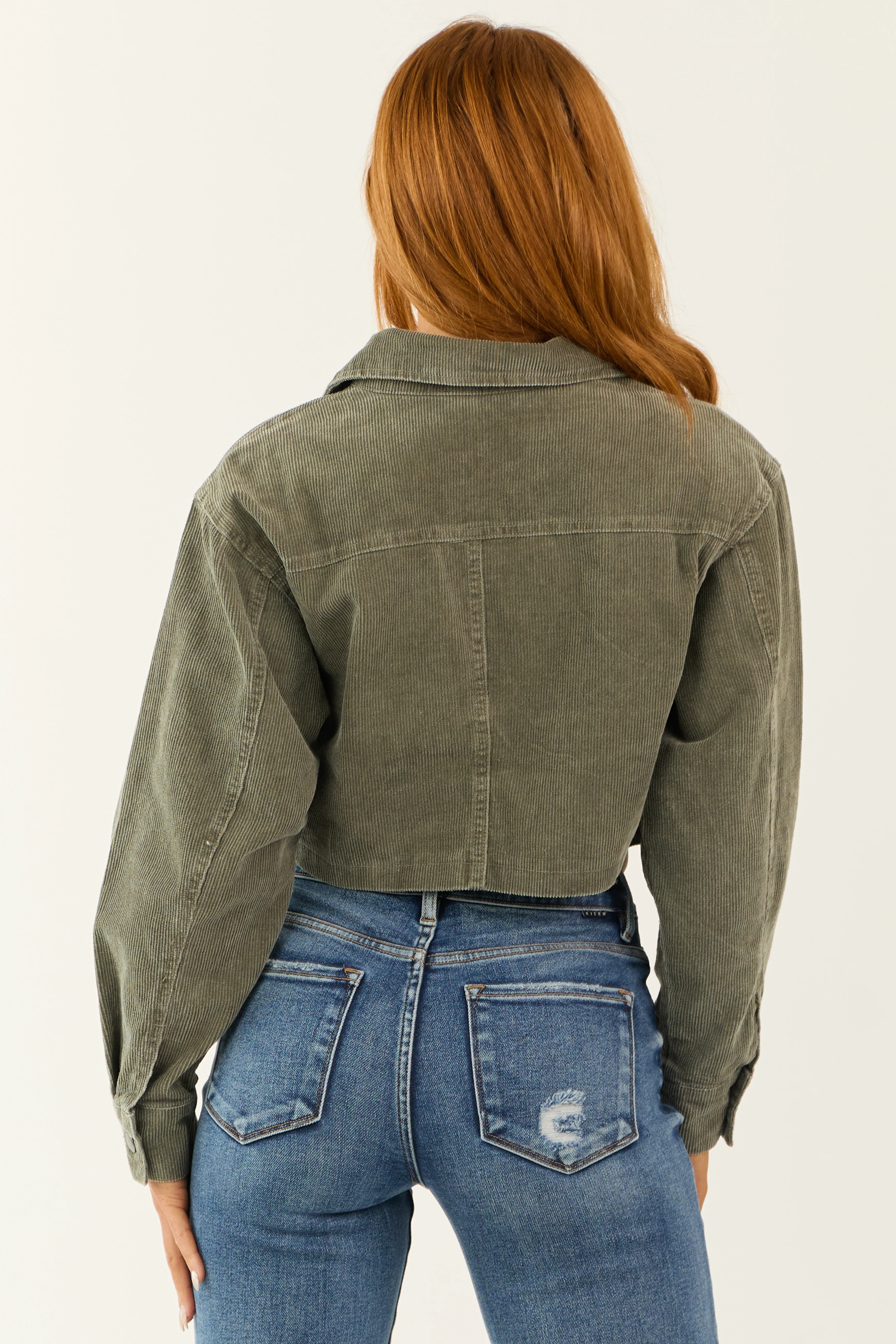 Olive Washed Corduroy Button Down Crop Jacket - Image 6