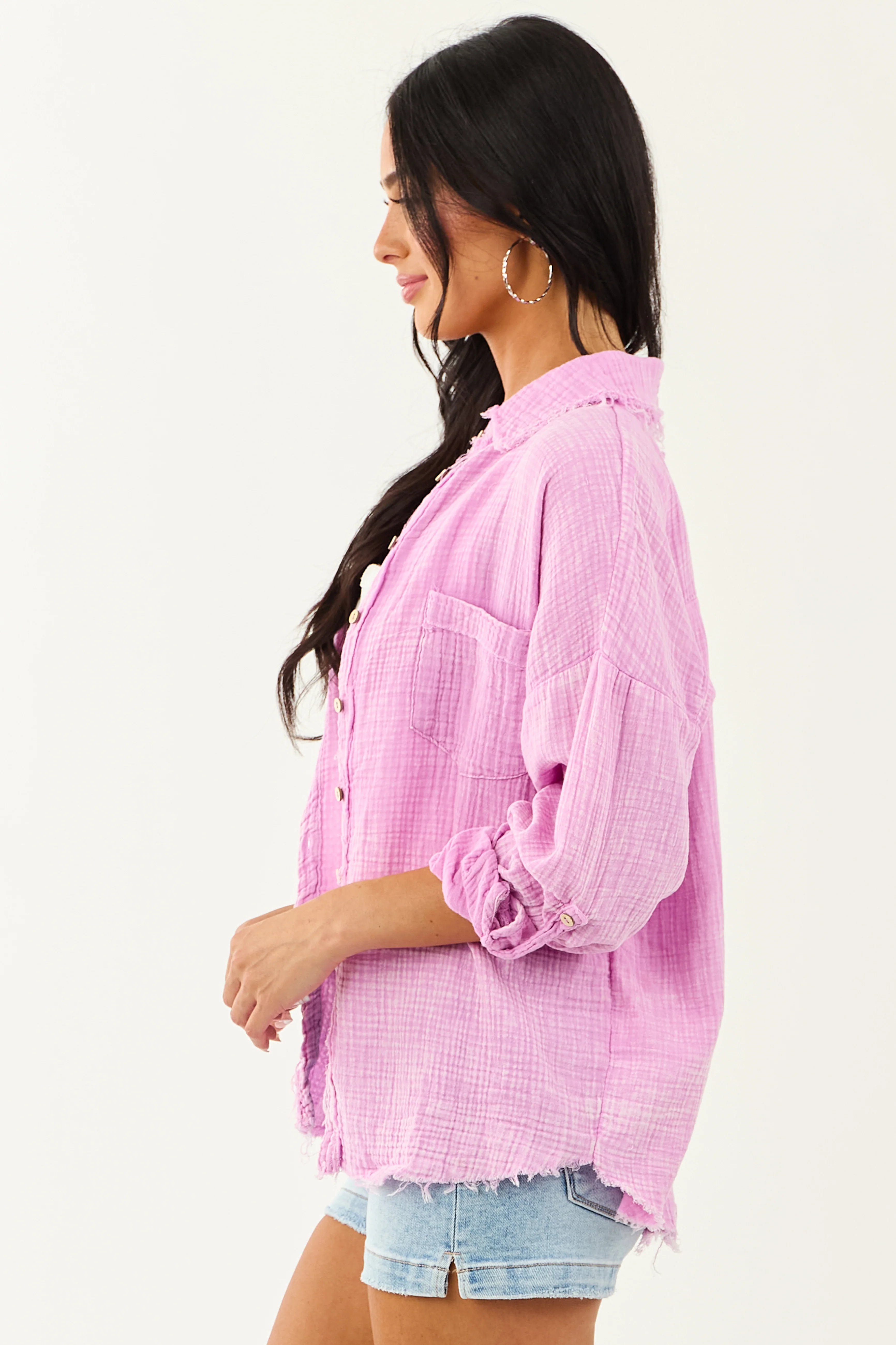 Orchid Washed Double Gauze Cotton Button Down Top - Image 6
