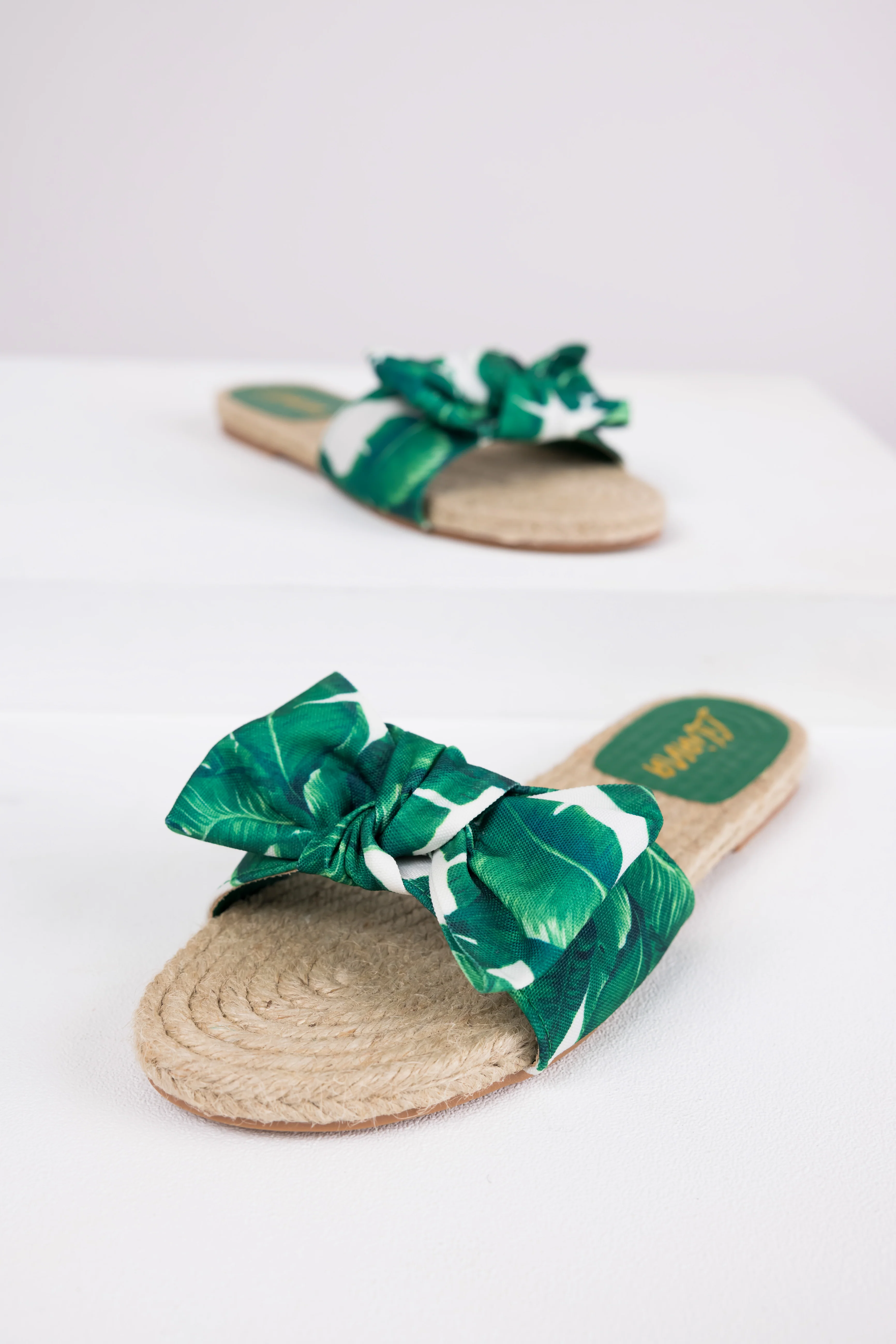 Palm Print Bow Strap Flat Espadrille Sandals - Image 3