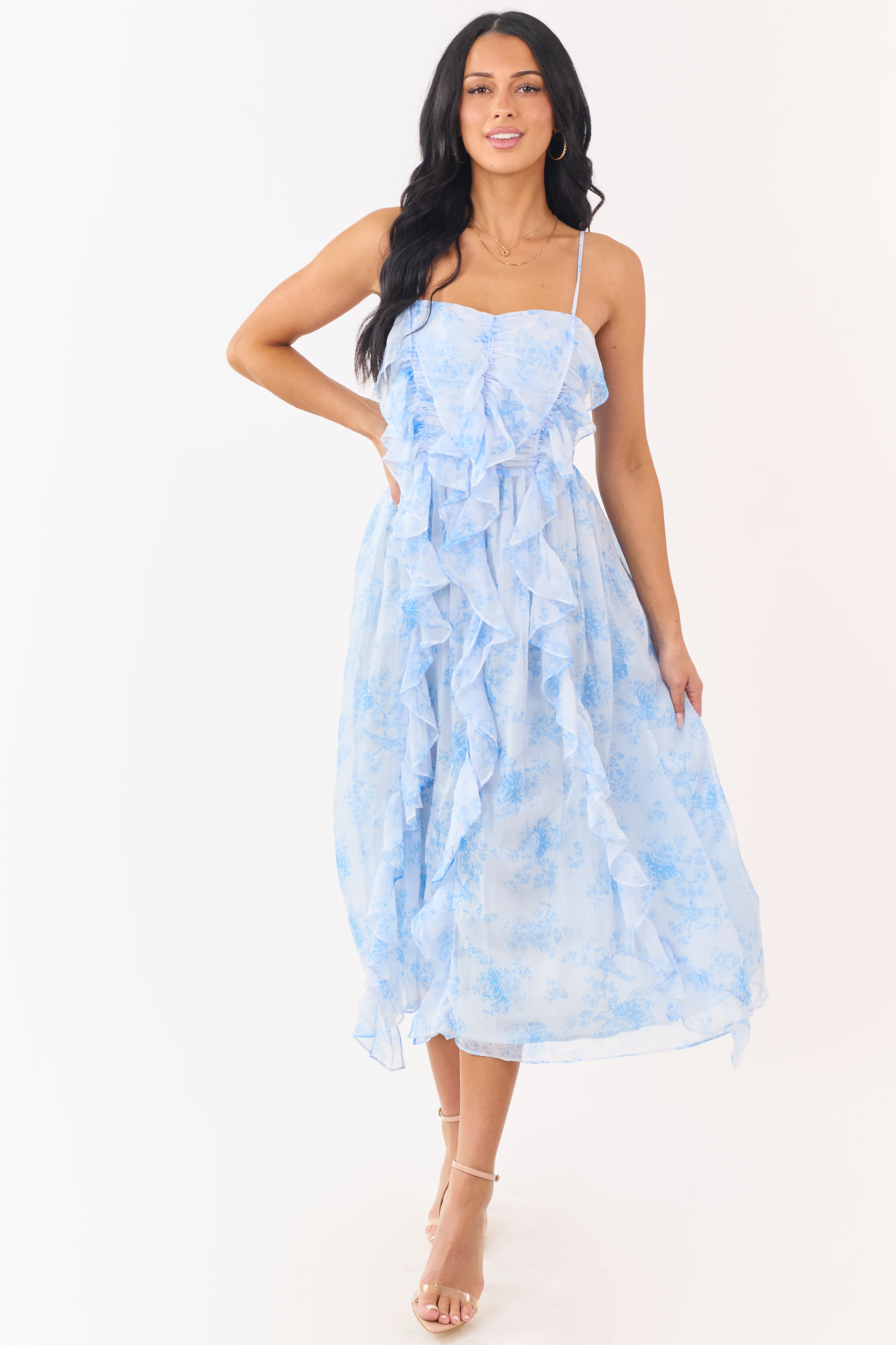 Pastel Blue Chiffon Ruffled Sleeveless Midi Dress - Image 3