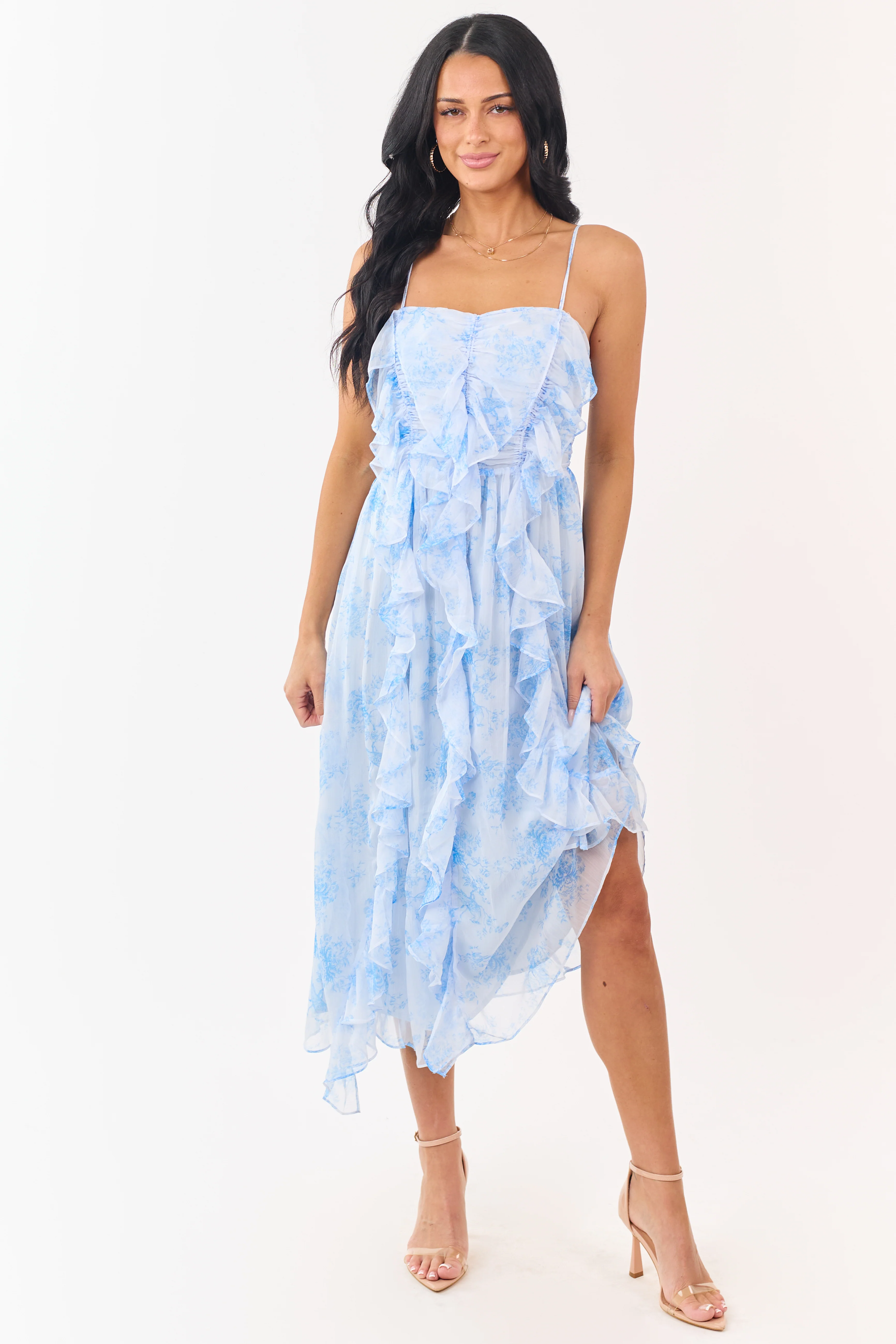 Pastel Blue Chiffon Ruffled Sleeveless Midi Dress - Image 4