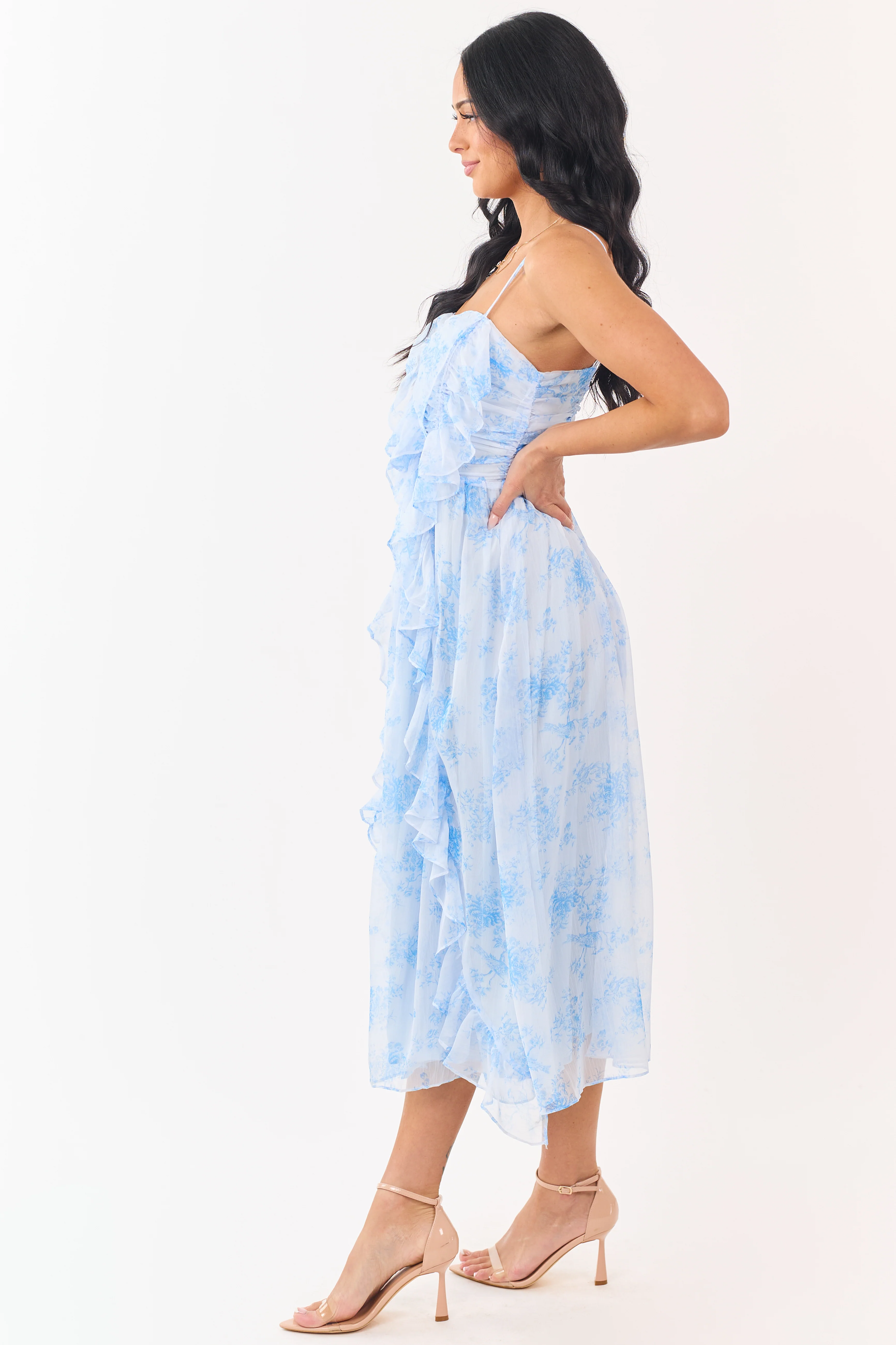 Pastel Blue Chiffon Ruffled Sleeveless Midi Dress - Image 5