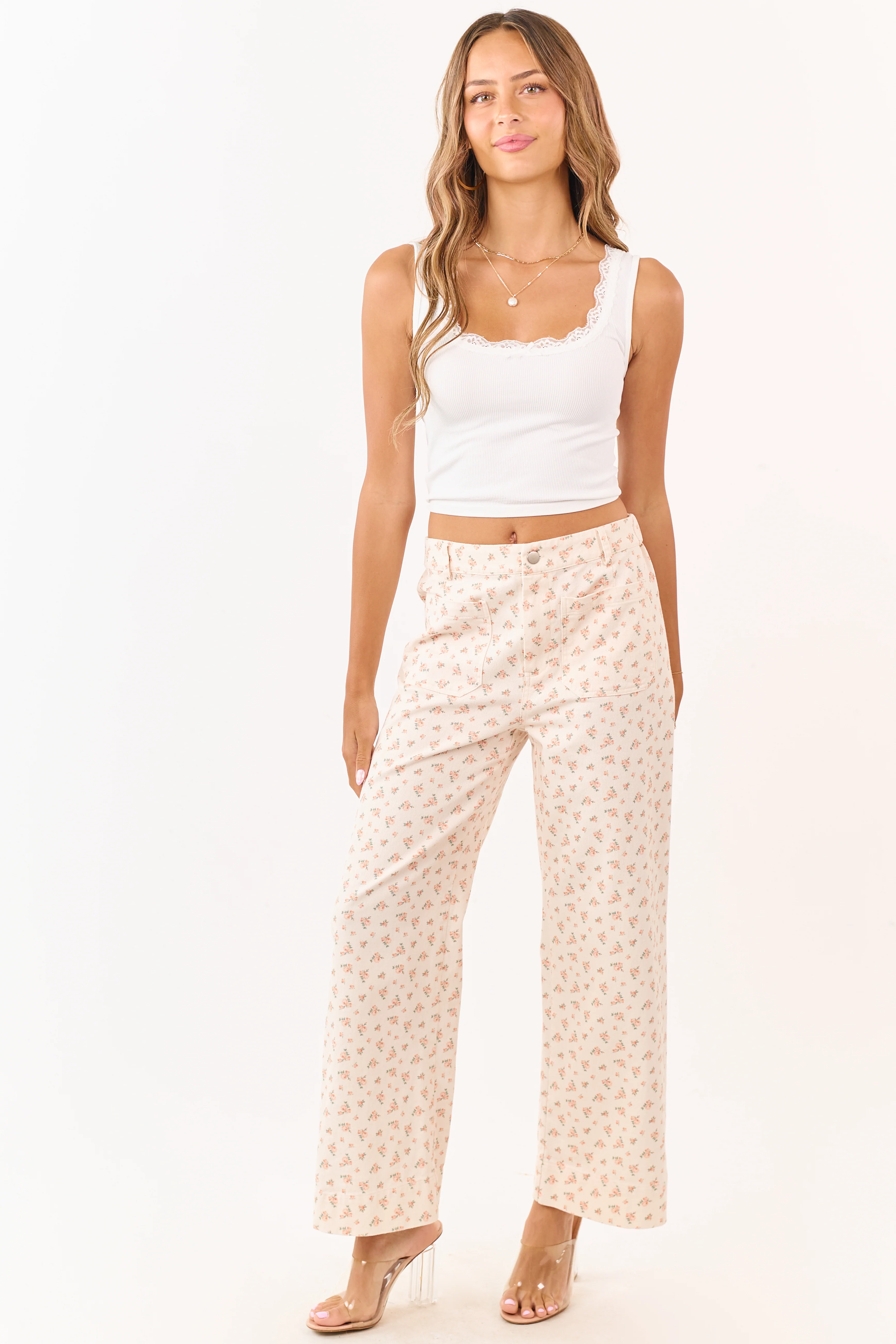 Peach Ditsy Floral Patch Pocket Wide Leg Jeans - Image 6