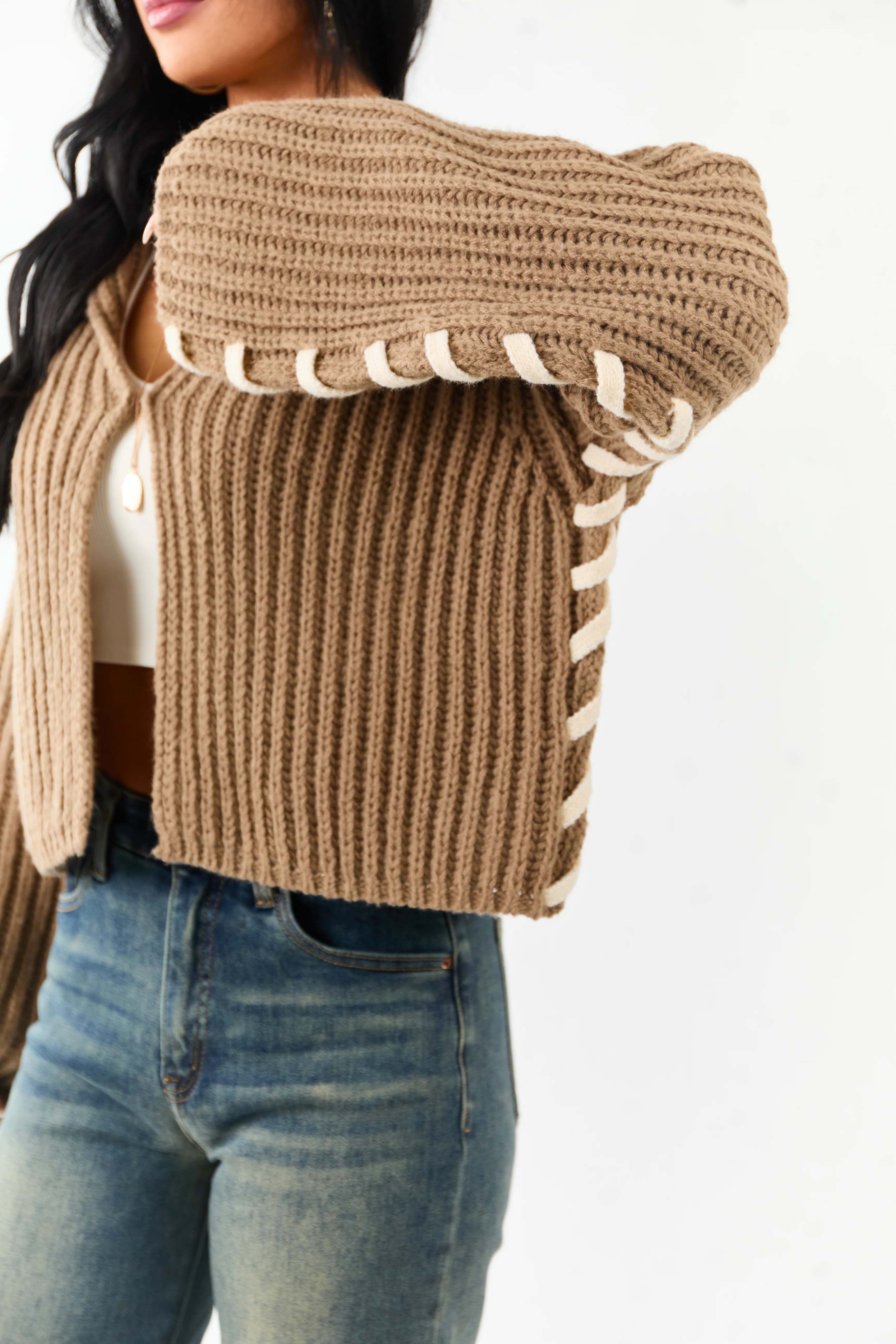 Peanut Contrast Stitching Rib Knit Cardigan - Image 2