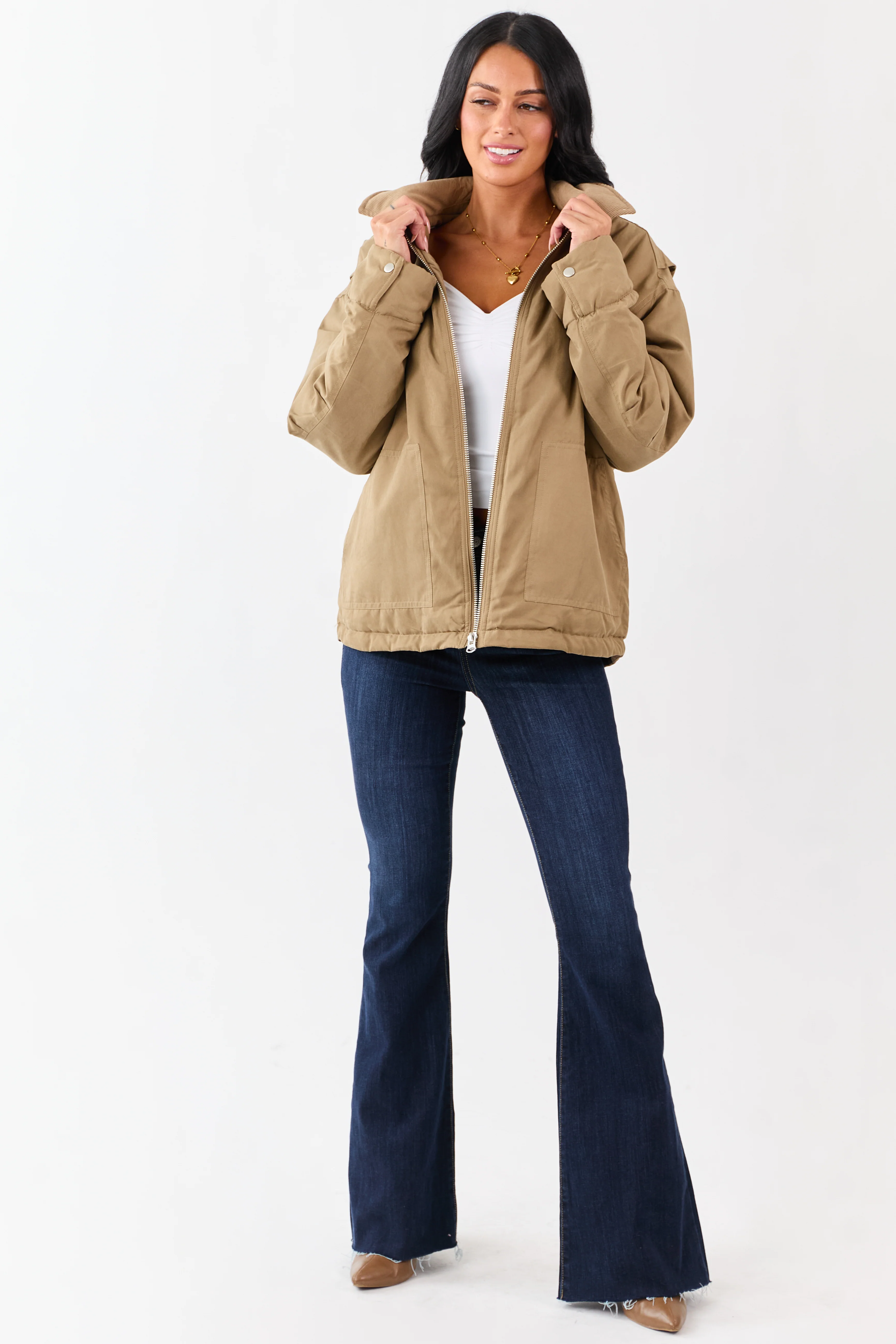 Peanut Corduroy Collar Zip Up Puffer Jacket - Image 3