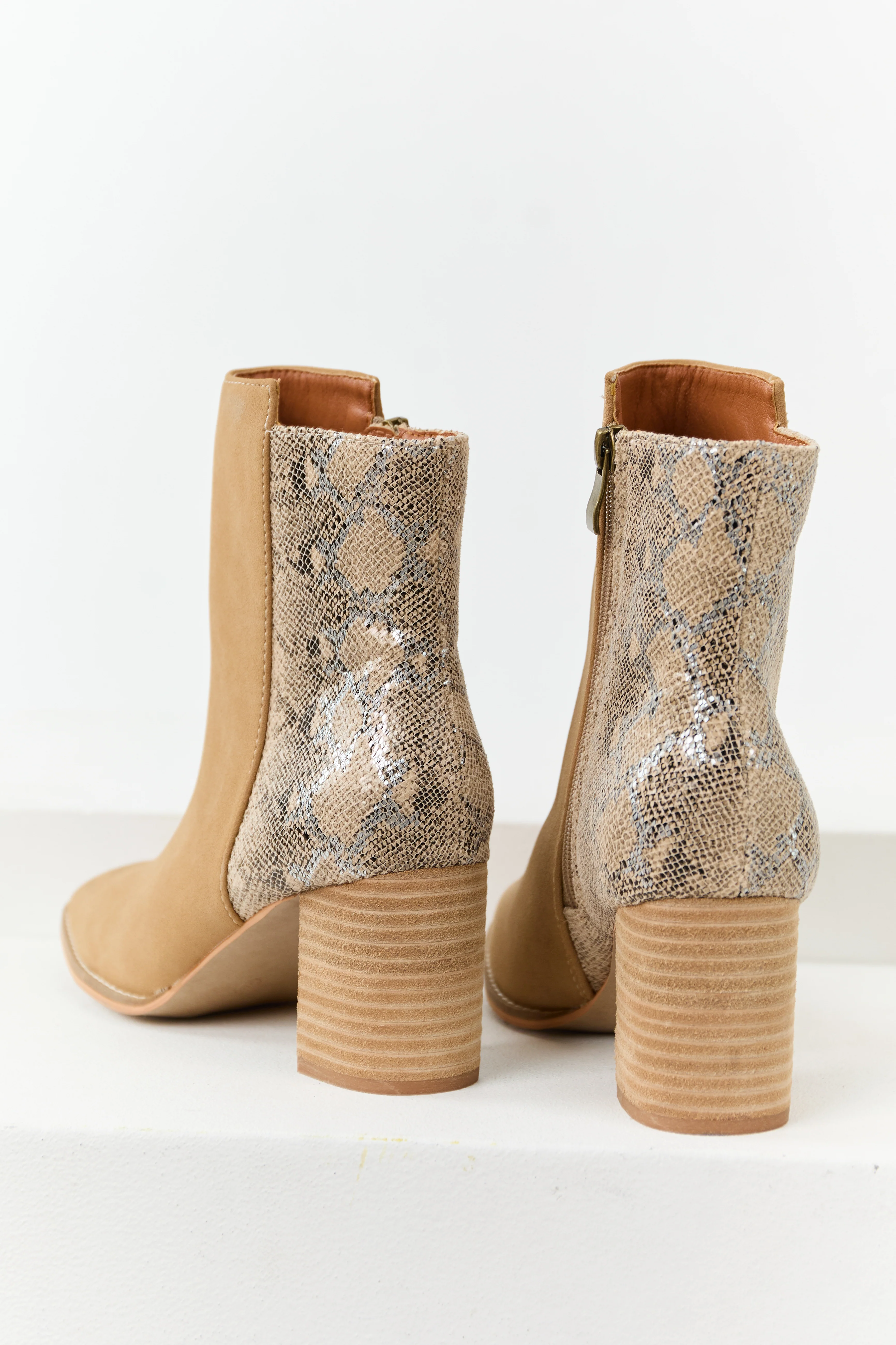 Peanut Faux Snakeskin Contrast Block Heel Booties - Image 3