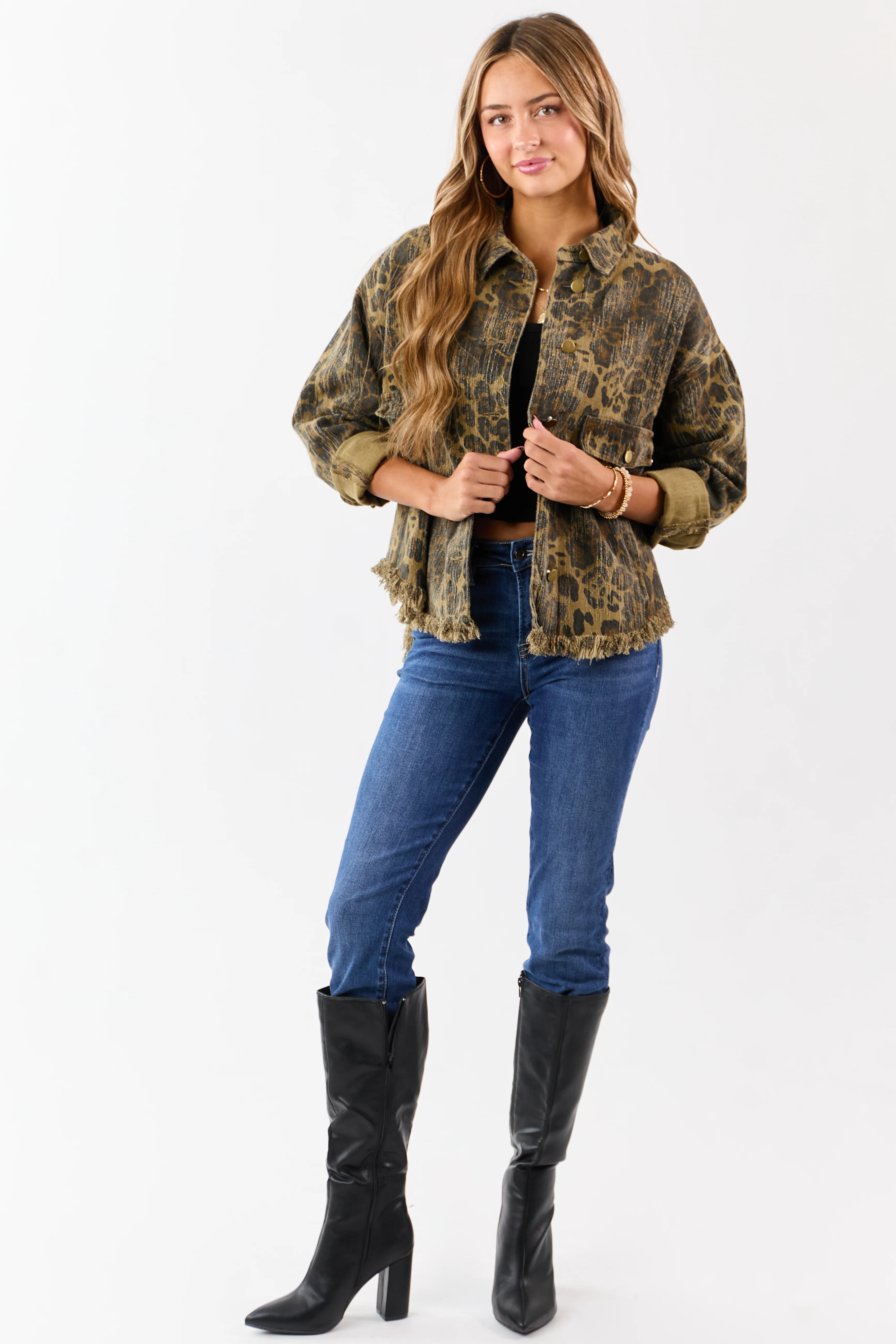 Peanut Leopard Print Fringe Hem Denim Shacket - Image 2