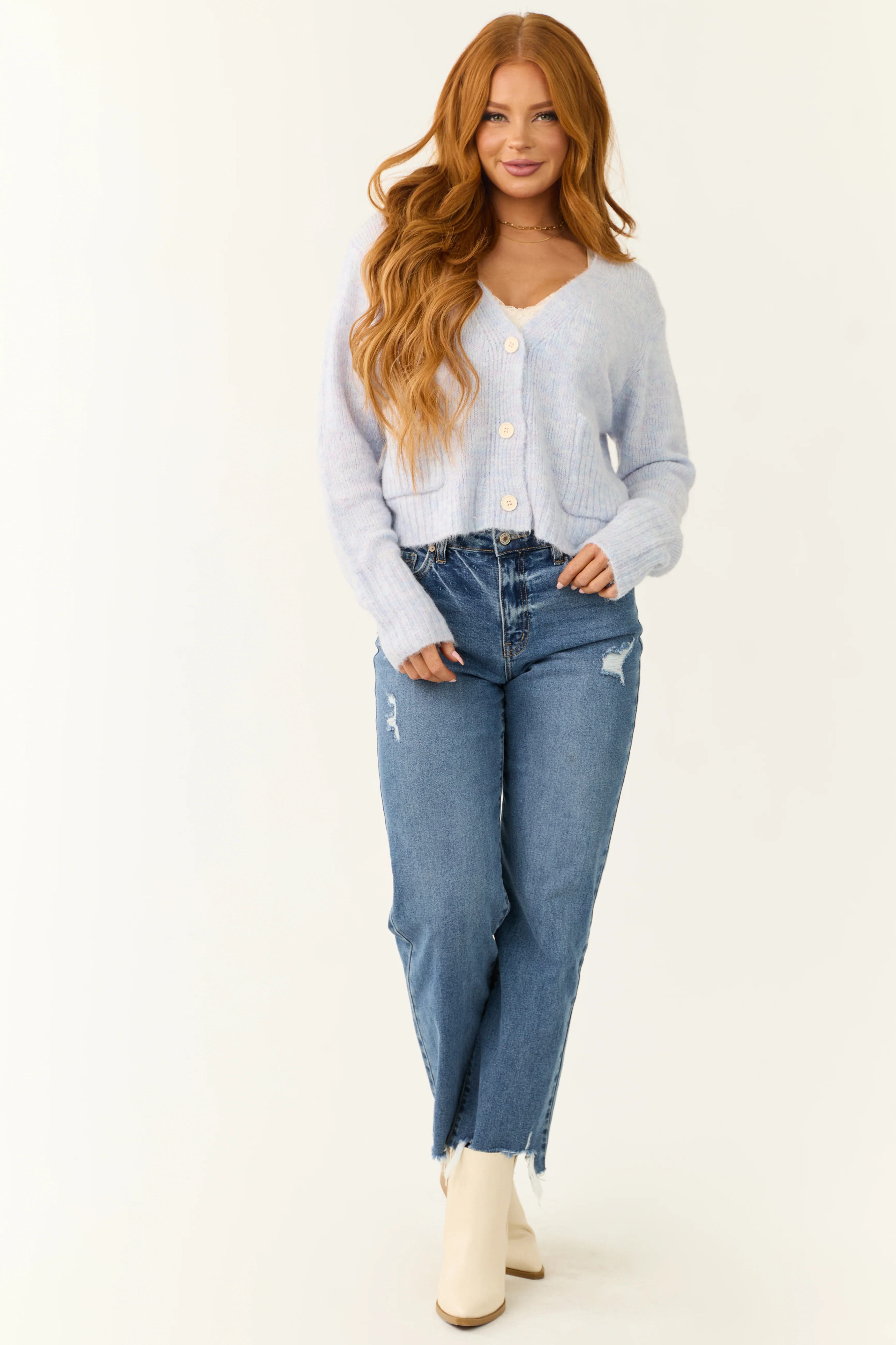 Periwinkle Button Down Textured Knit Cardigan - Image 3