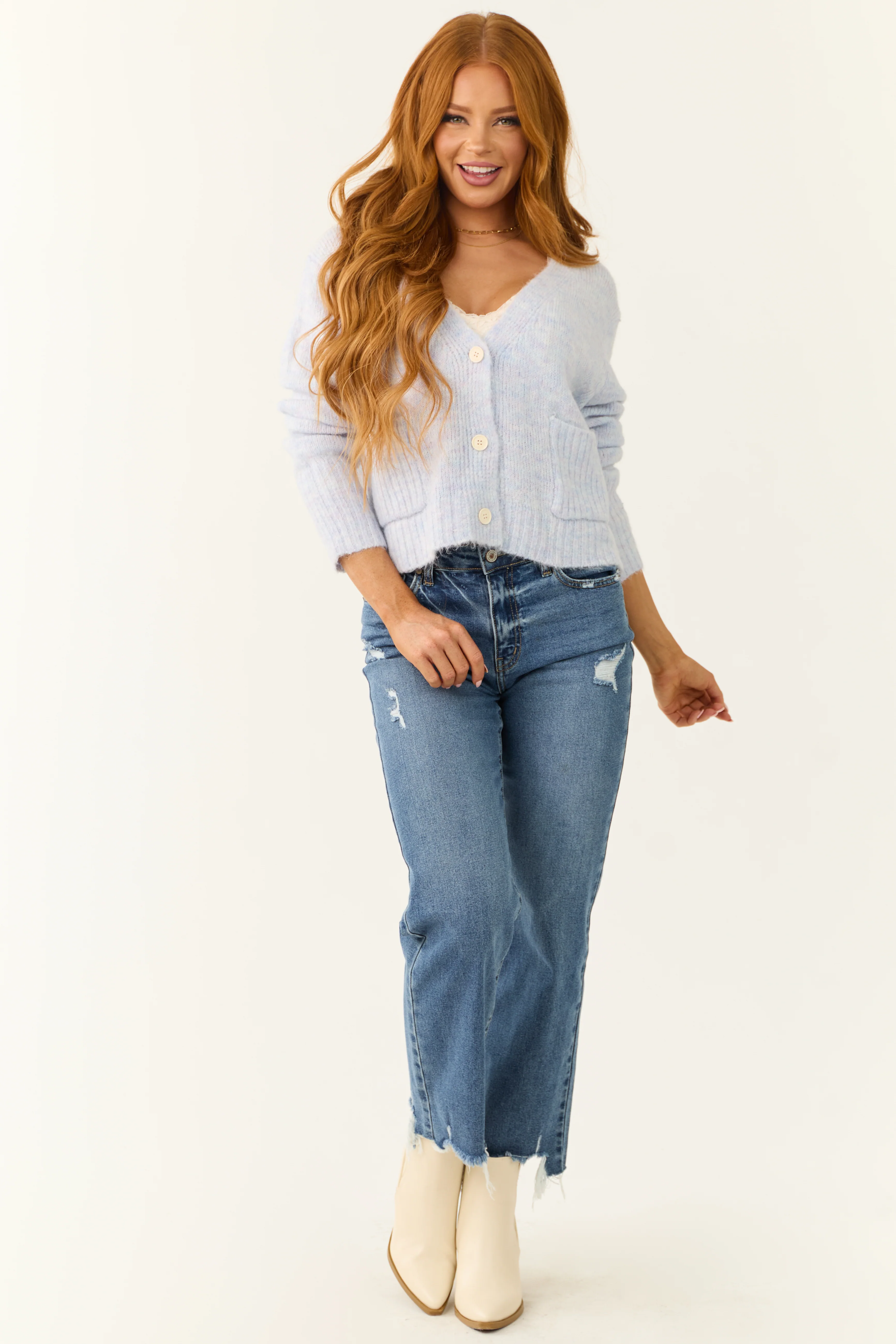 Periwinkle Button Down Textured Knit Cardigan - Image 4