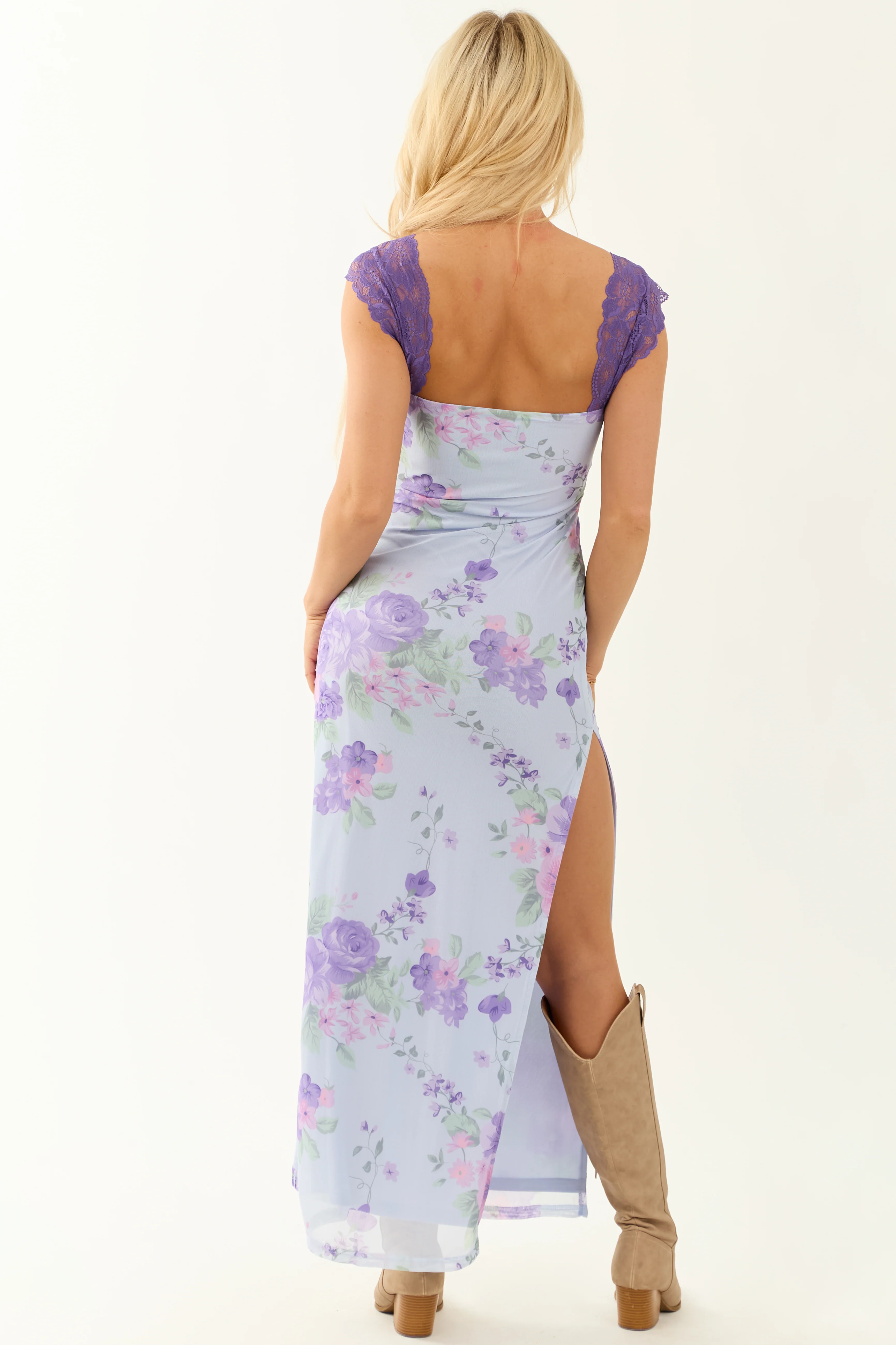 Periwinkle Floral Print Lace Bust Mesh Maxi Dress - Image 6