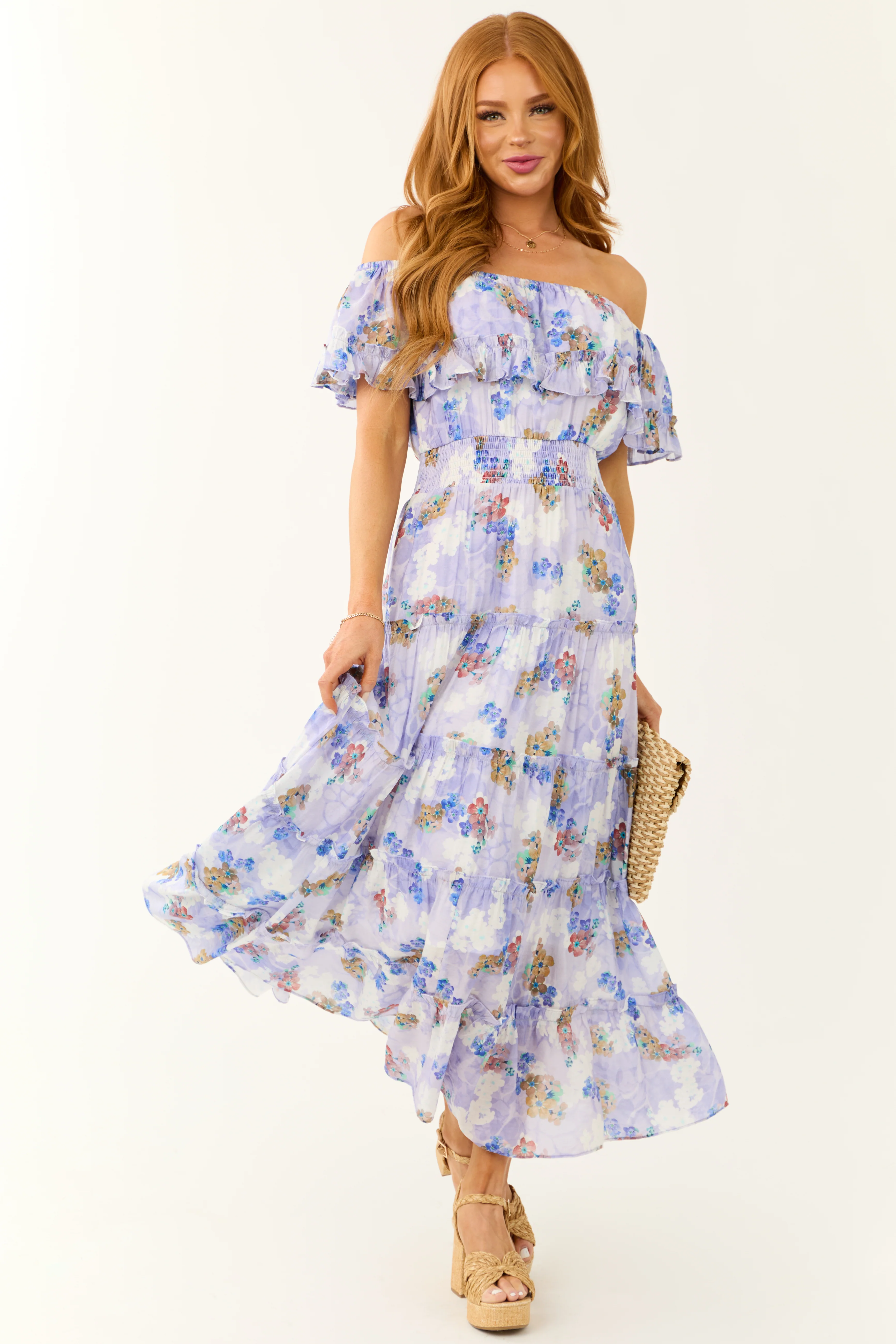 Periwinkle Floral Print Off Shoulder Maxi Dress - Image 3