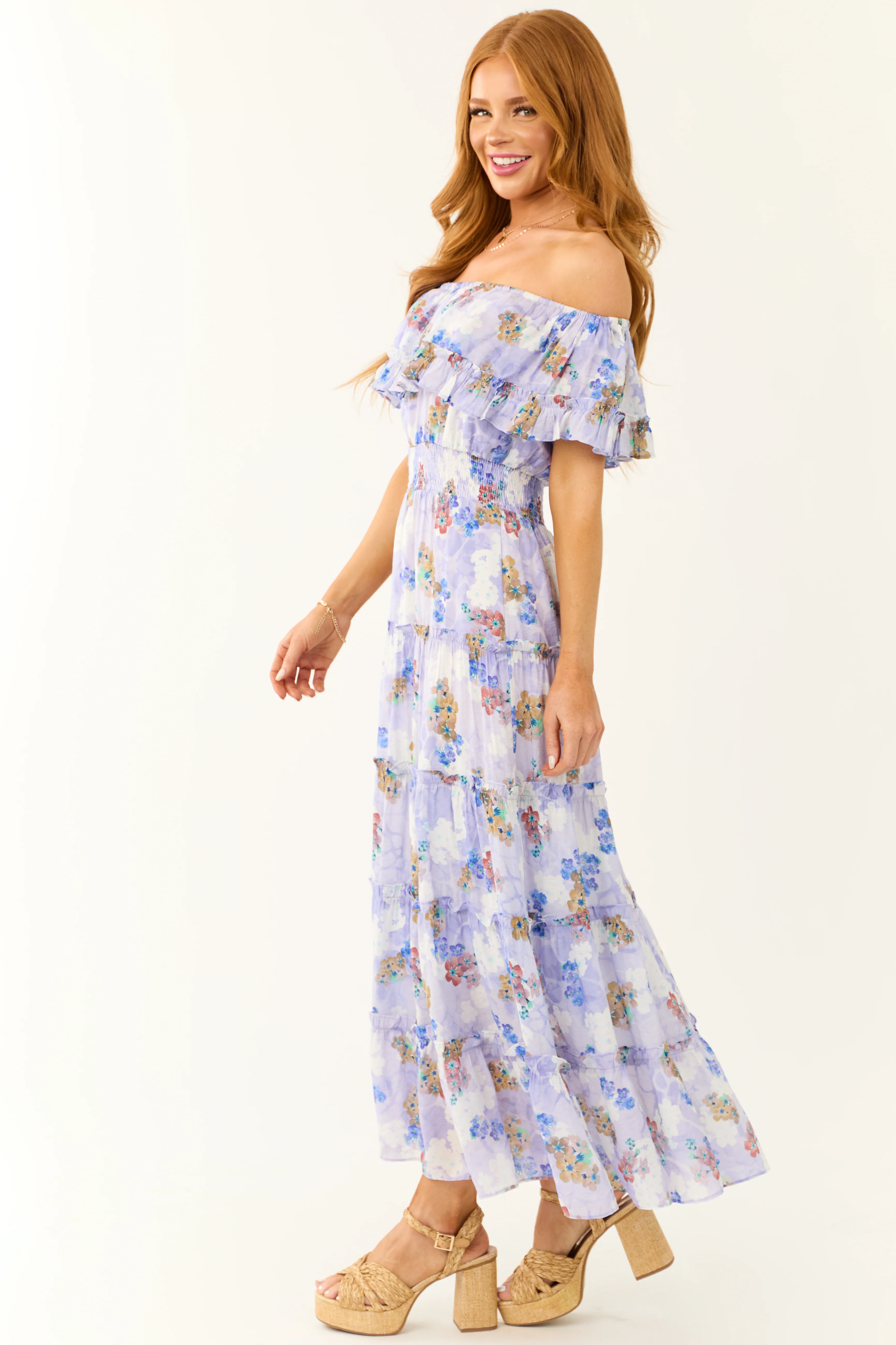 Periwinkle Floral Print Off Shoulder Maxi Dress - Image 4