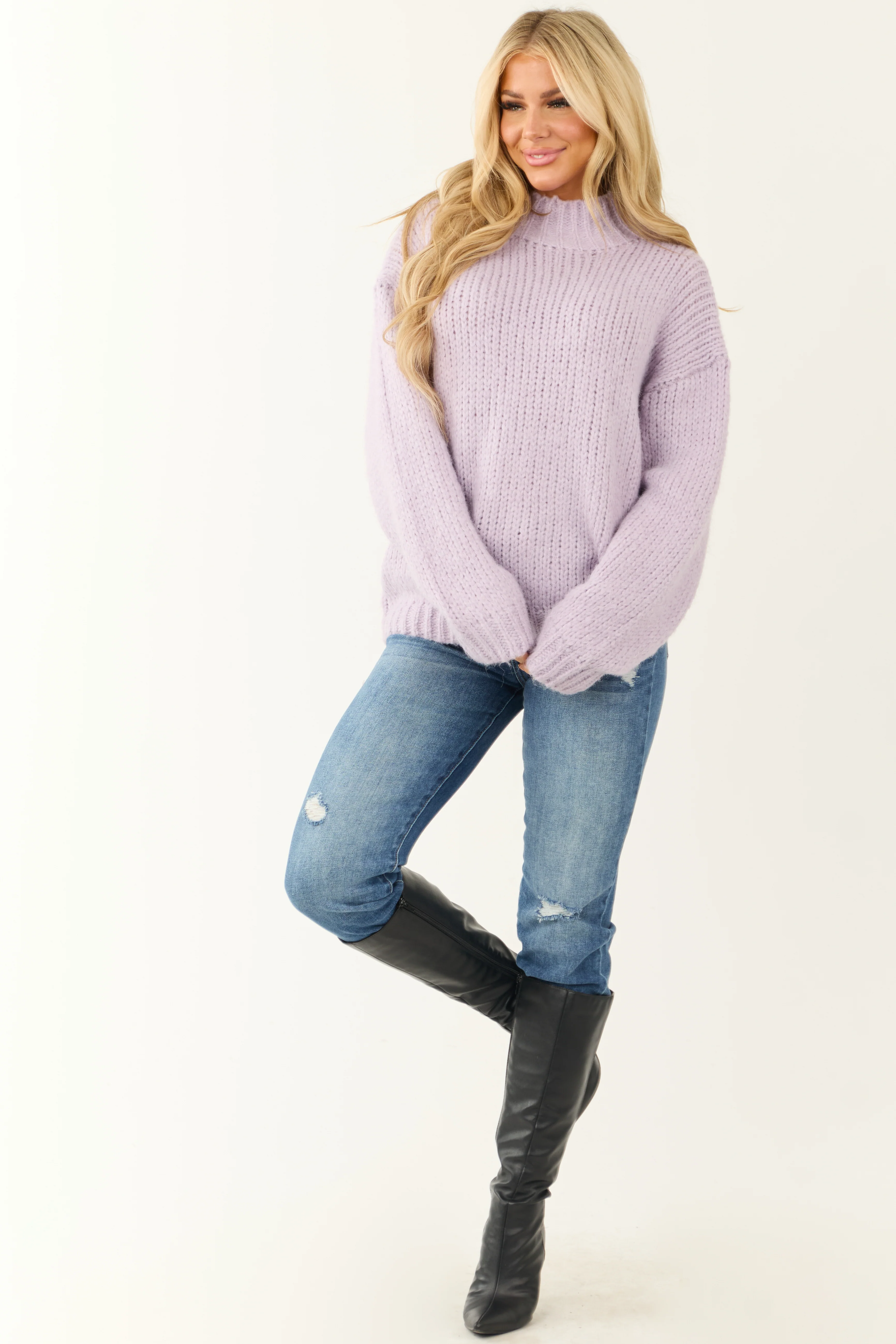 Periwinkle High Neck Chunky Knit Oversized Sweater - Image 3