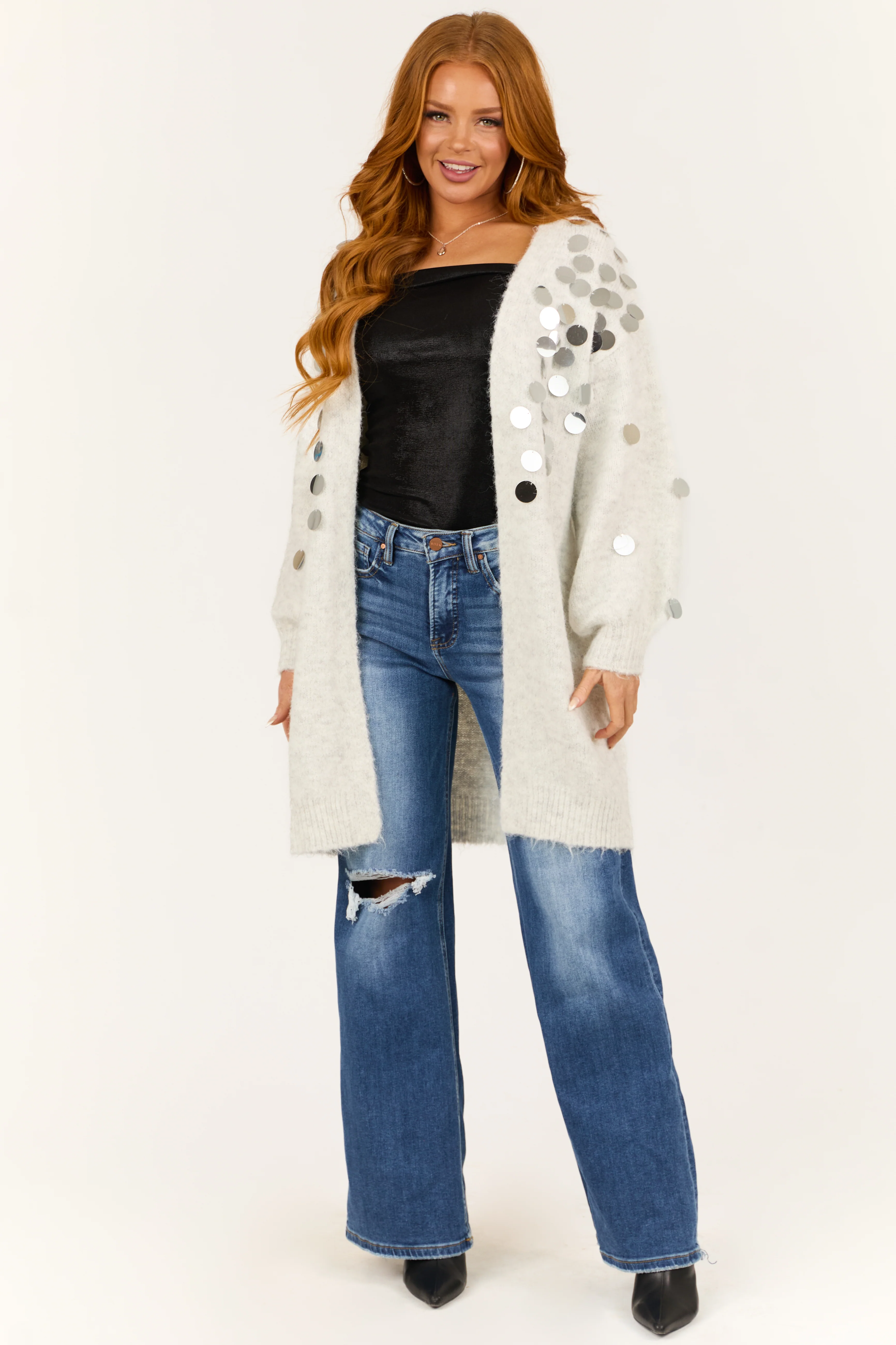Pewter Grey Oversized Sequin Open Front Cardigan - Image 3