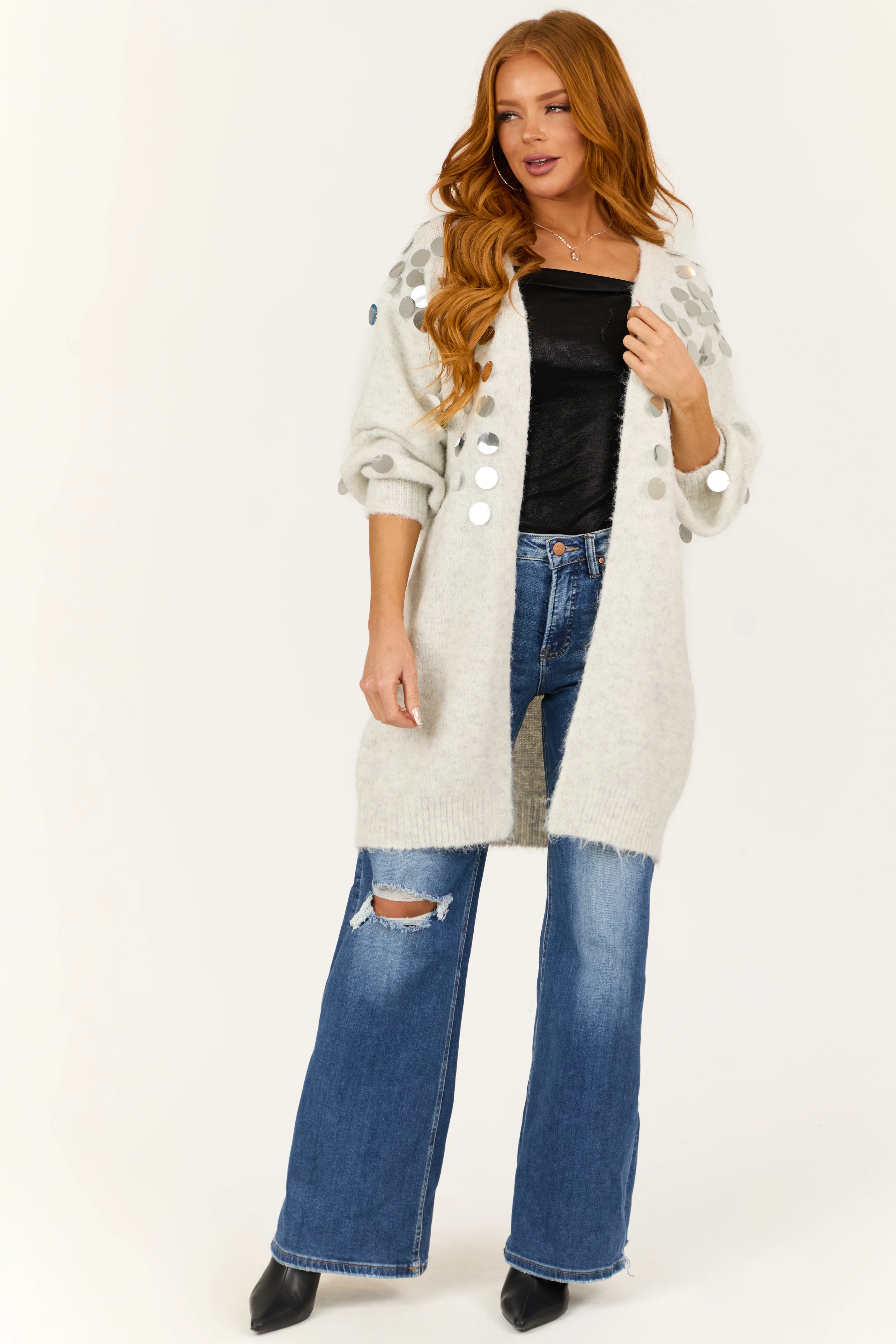 Pewter Grey Oversized Sequin Open Front Cardigan - Image 4