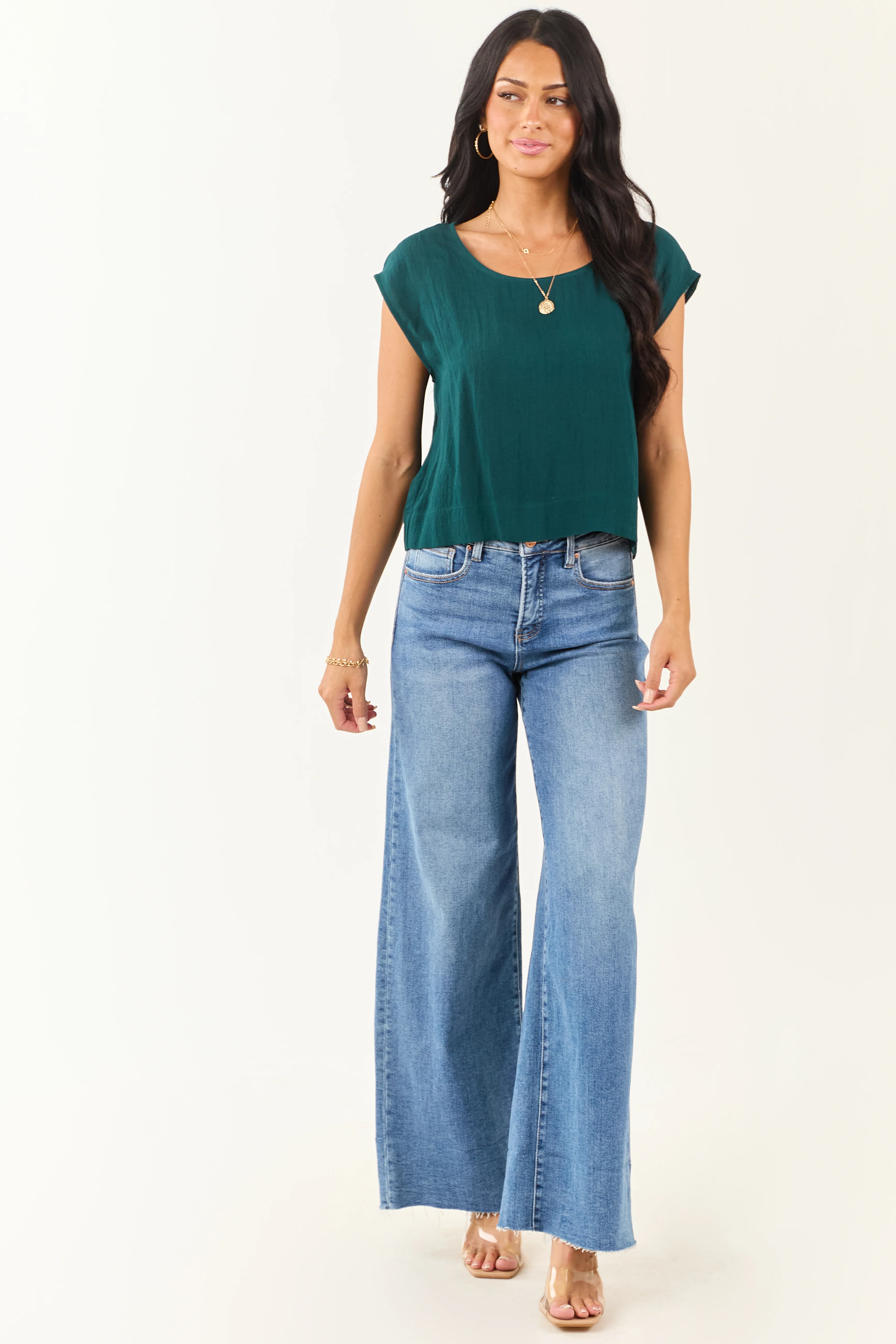Pine Cap Sleeve Round Neck Boxy Fit Top - Image 2