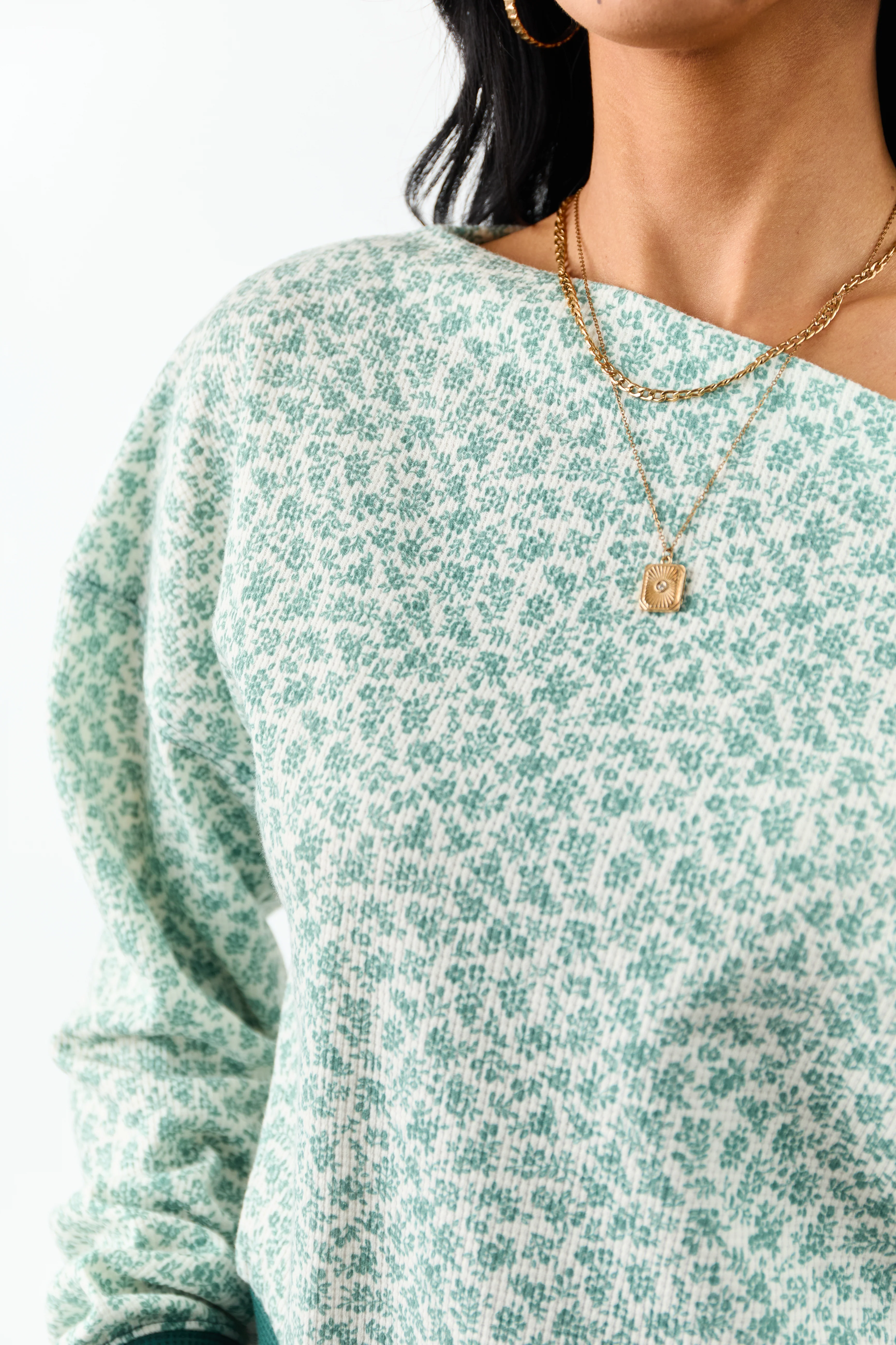 Pine Ditsy Floral One Shoulder Ruched Long Sleeve Top - Image 2