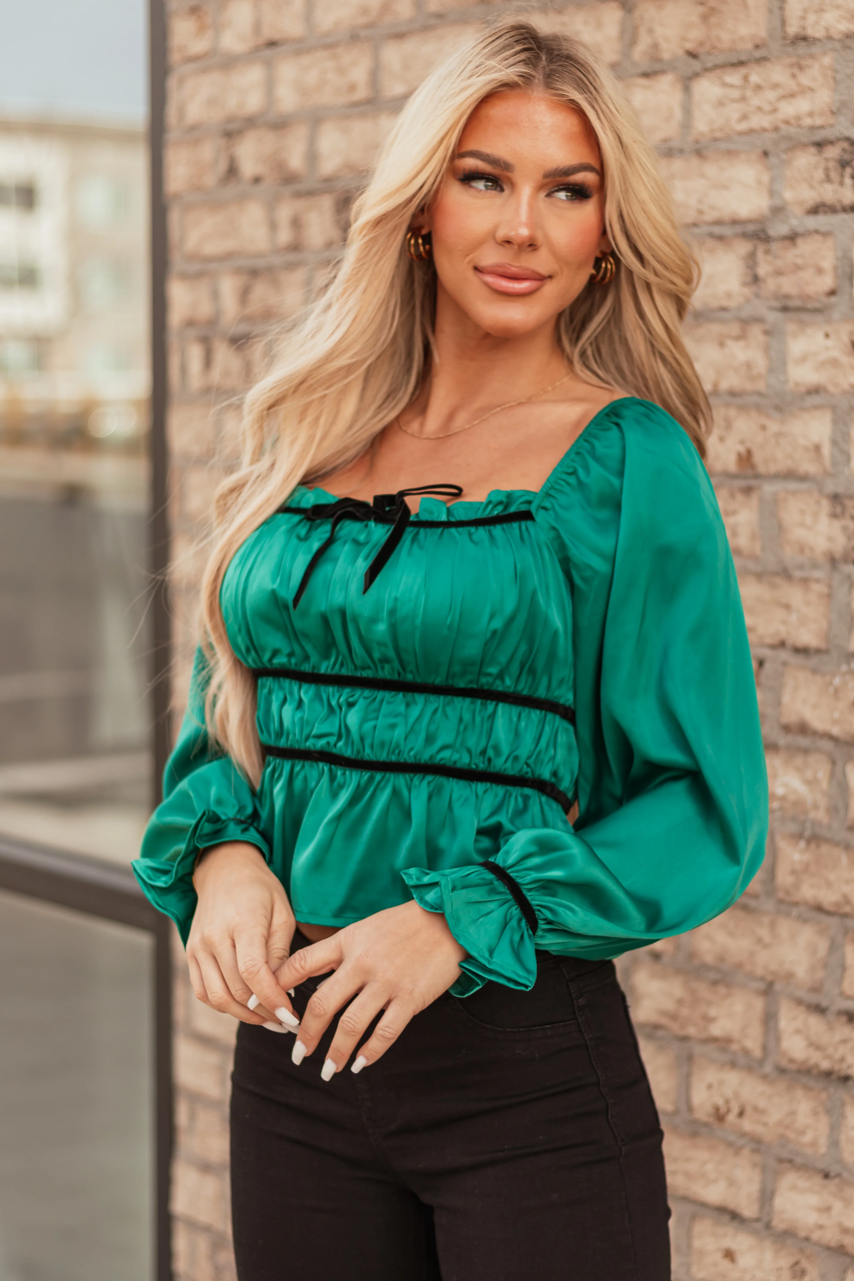 Pine Ruched Peplum Long Sleeve Satin Top - Image 2
