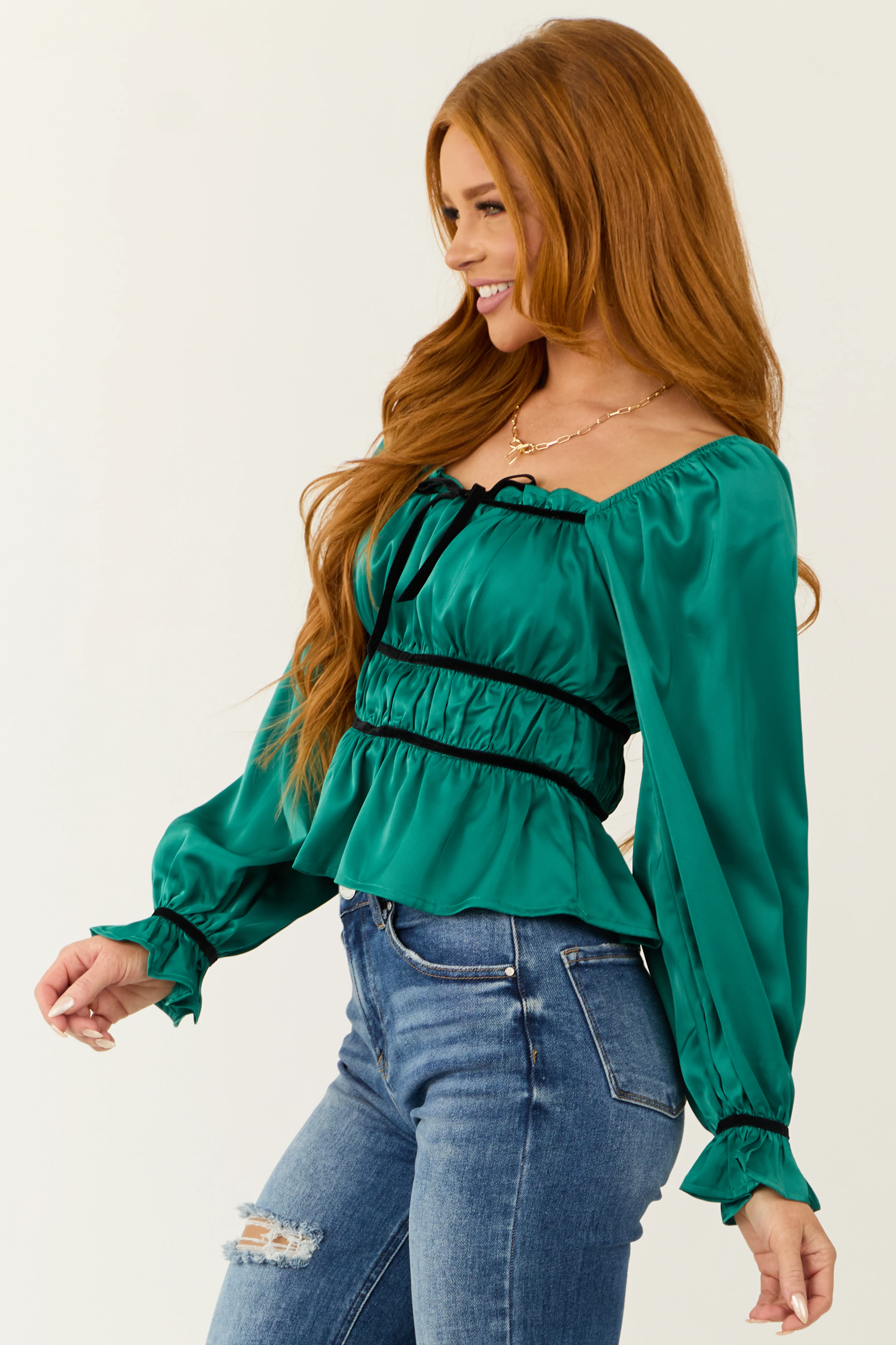 Pine Ruched Peplum Long Sleeve Satin Top - Image 5