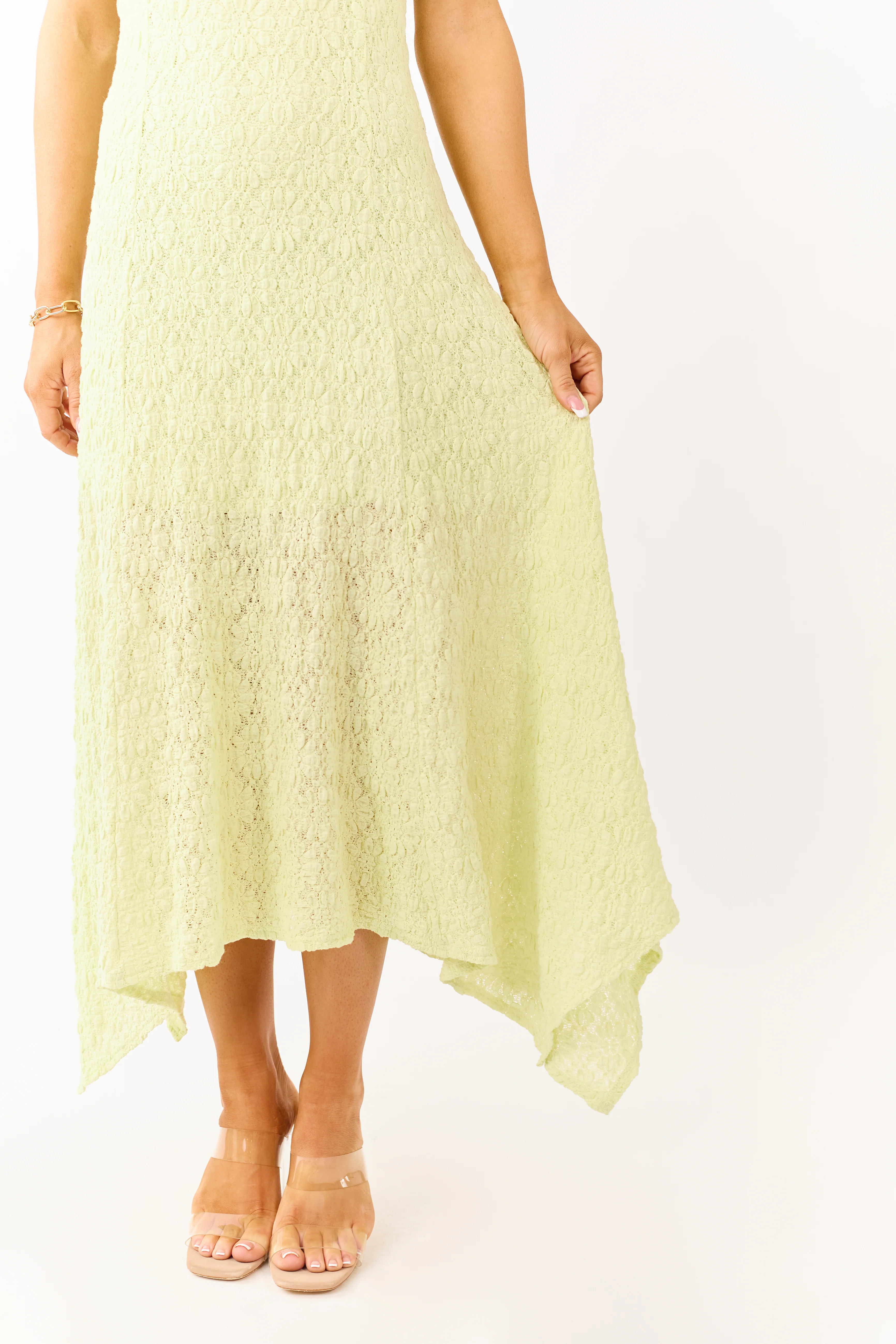 Pistachio Floral Lace Handkerchief Hem Midi Dress - Image 3