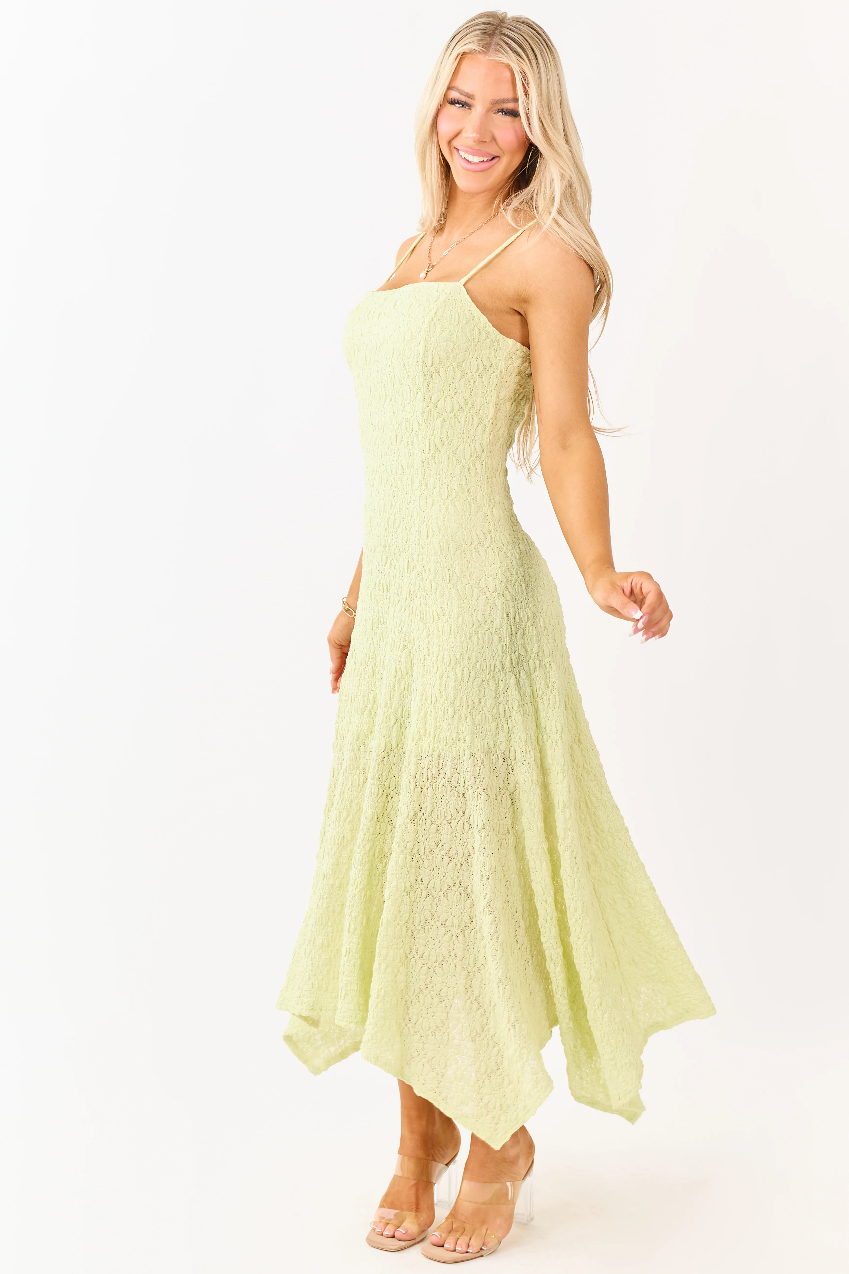Pistachio Floral Lace Handkerchief Hem Midi Dress - Image 5