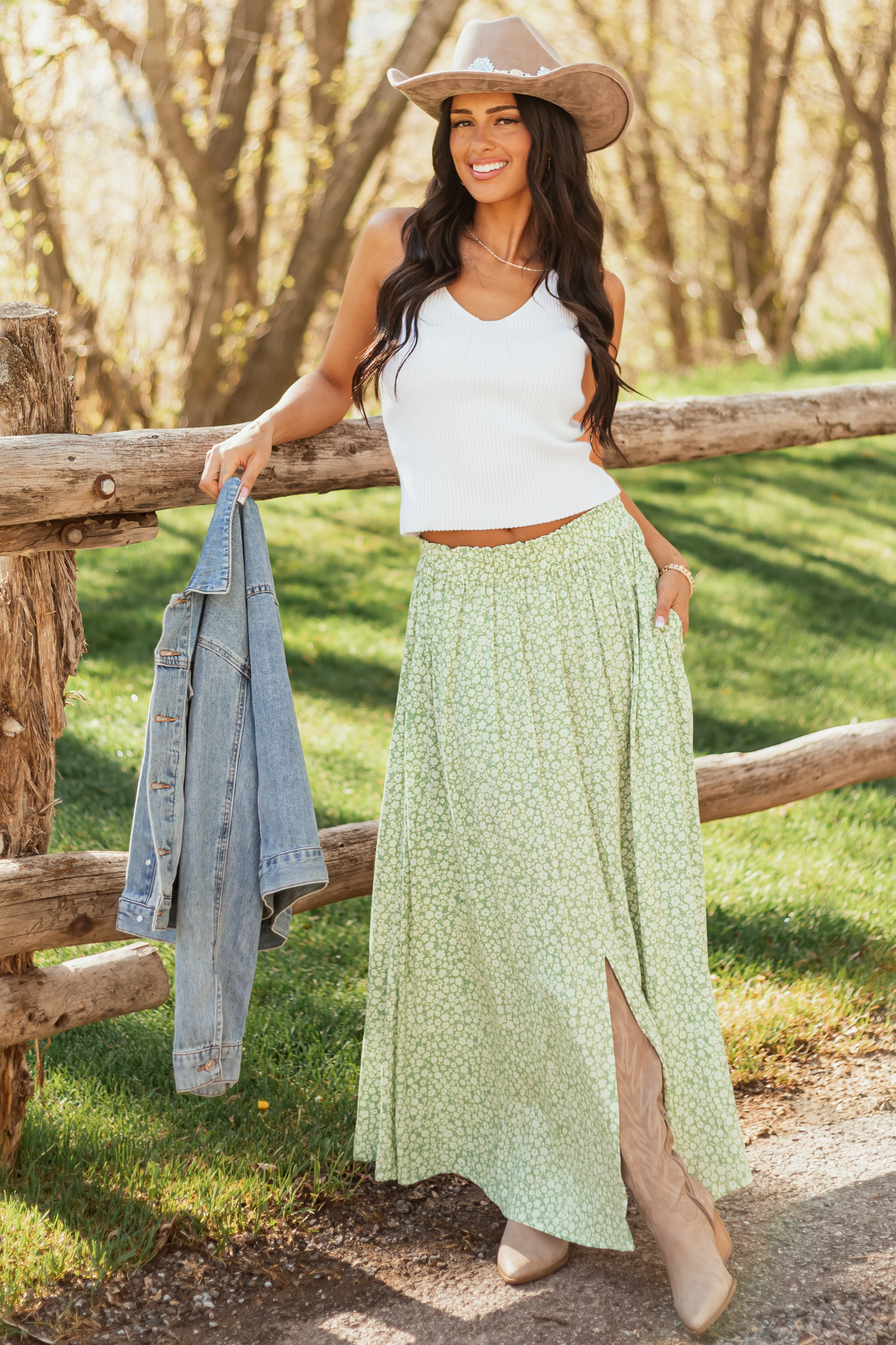 Pistachio Floral Print Smocked Maxi Skirt